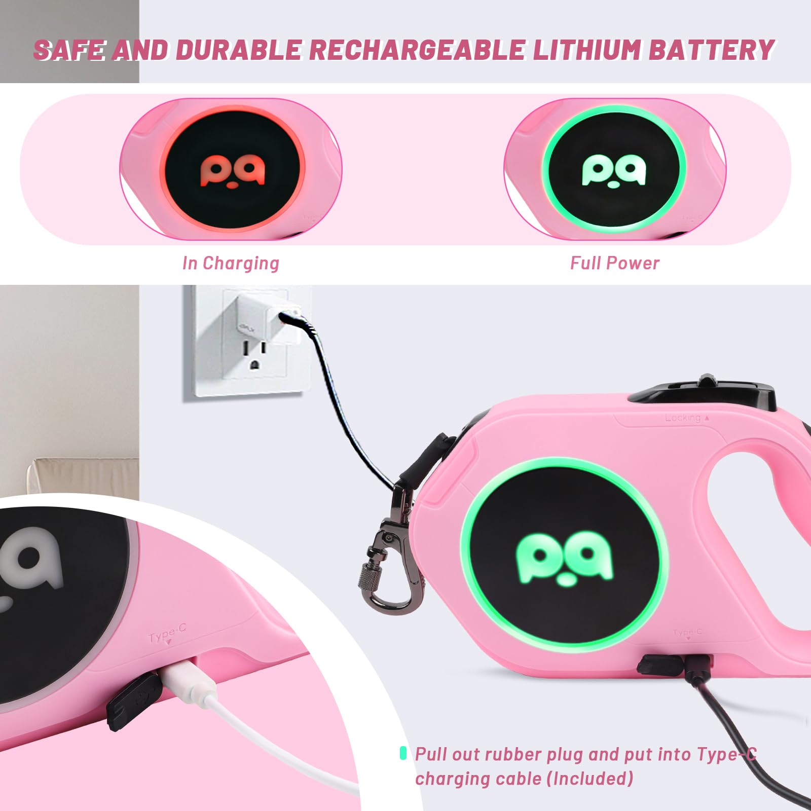 QQPETS Retractable Dog Leash with Rechargeable LED Light - 16 ft Strong Nylon Tape for Night Walks up to 88lbs Pet - 360° Tangle-Free One-Handed Brake, Pause, Lock (Pink)