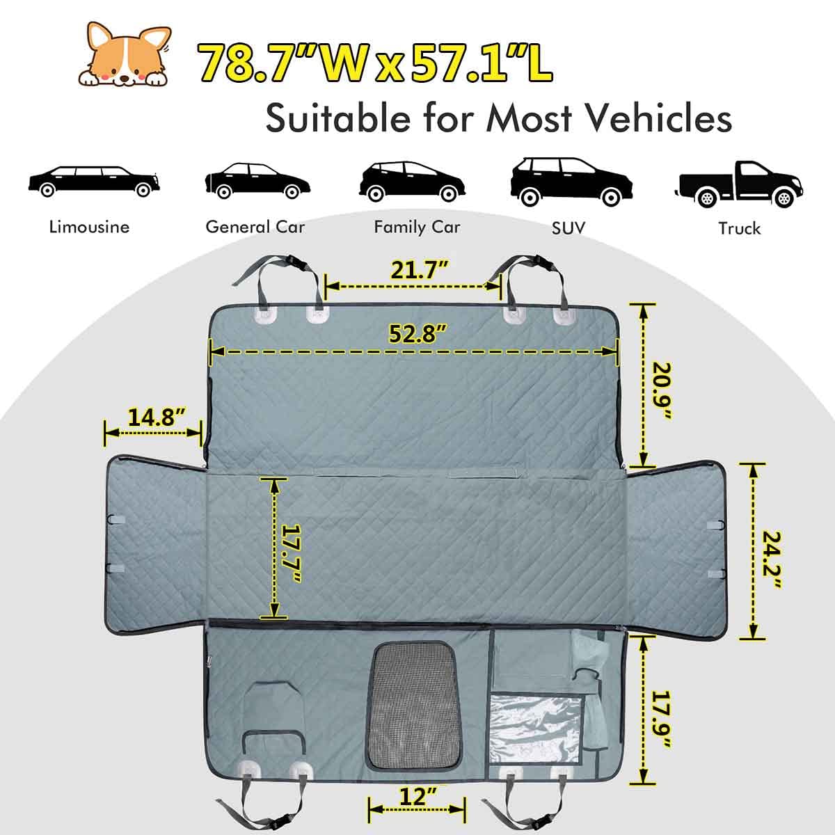 GURETER Back Seat Cover for Dogs, Waterproof Scratchproof Washable Pet Covers Cars Protection Against Dirt and Fur, Non-slip Durable Car Dog Backseat with Mesh Window, Grey Blue, CWLSGU2