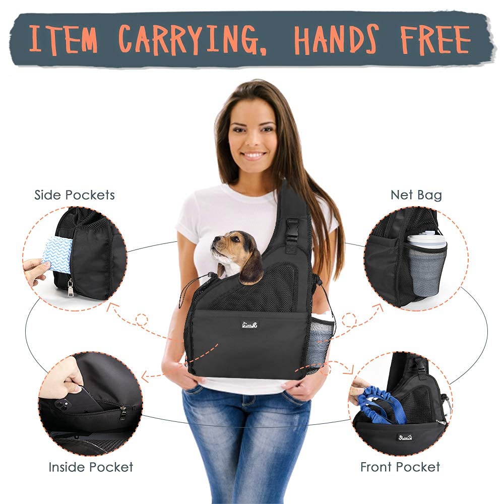 Lukovee Dog Slings for Small Dogs, Hard Bottom Support & Adjustable Soft Padded Shoudler Strap Dog Sling Carrier, Dog Purse with Button Closure & Zipper Pockets (for Pets up to 6 lbs, Black)