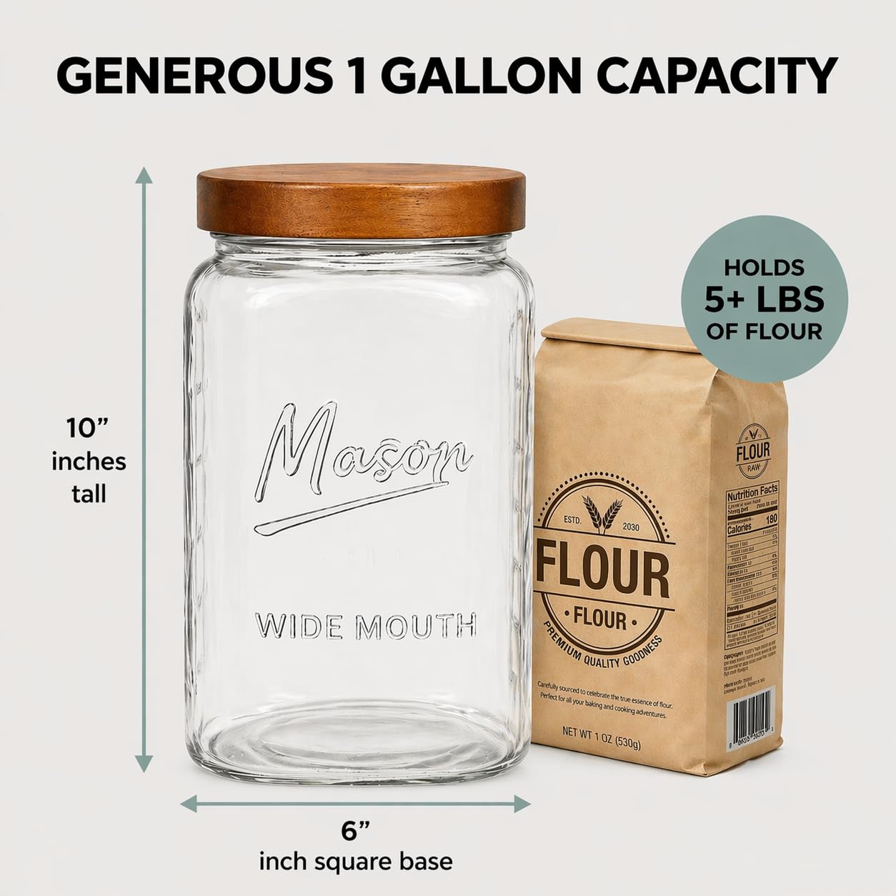 1 Gallon Glass Jar with Wooden Lid - Extra Large Mason Jar Wide Mouth with Airtight Wood Lid - Square Glass Storage Container with Measurement Markings for Flour, Sugar, Cookies & Pickling