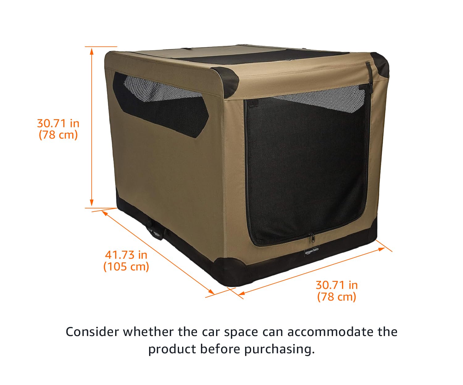 Amazon Basics Portable Folding Soft Dog Crate, Double Door, Collapsible Travel Kennel, Easy to Set Up, Sturdy, Secure, XL 42" x 31" x 31", Tan