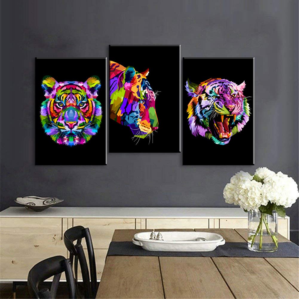 3 Pieces Pop Art Animal Wall Art - Tiger Poster & Canvas for Living Room & Bedroom Decor (12''Wx16''Hx3)