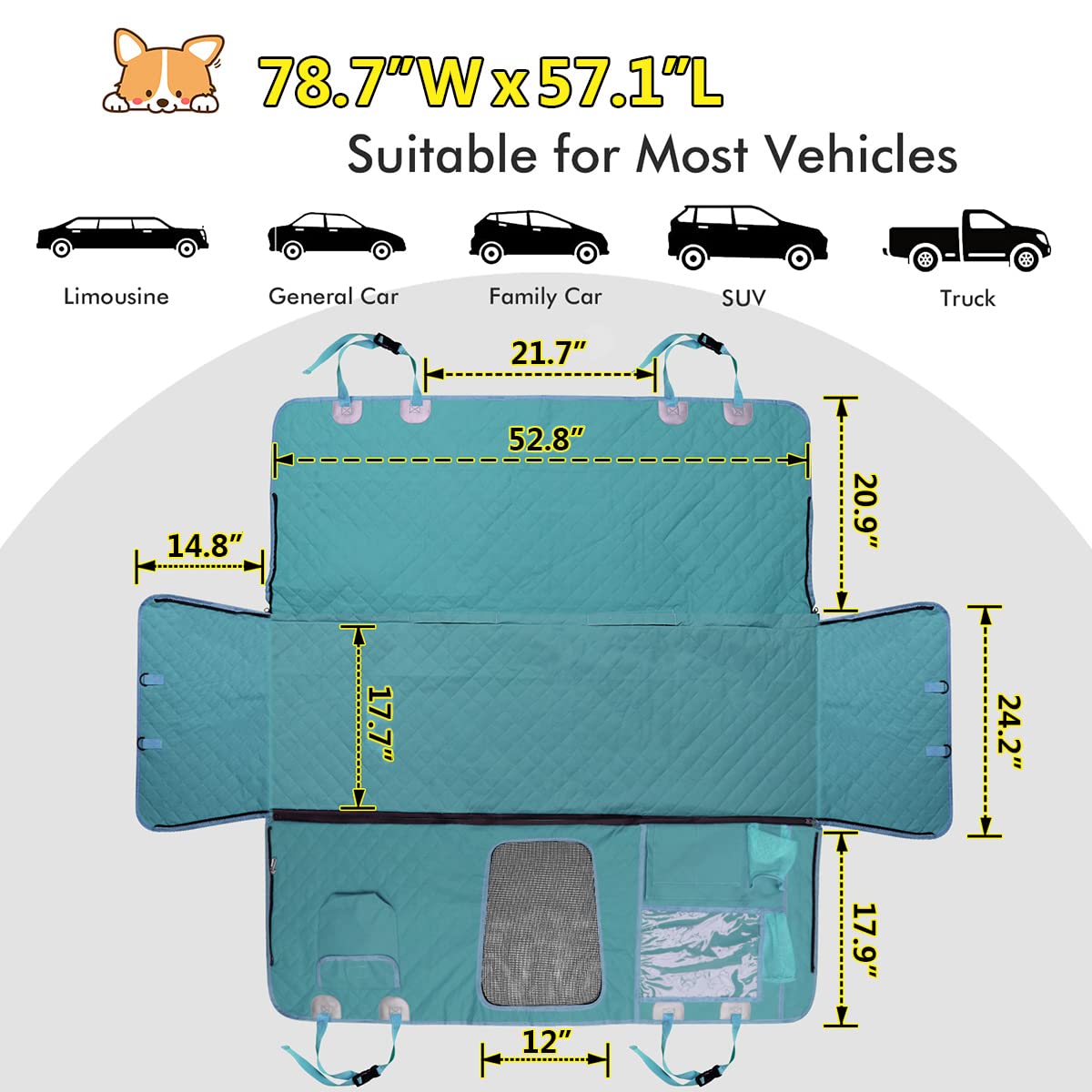 GURETER Dog Car Seat Cover for Back Seat, Teal Waterproof Anti-Scratches Pet Car Backseat Protector, Trunk Cover Cargo Liner, Pet Car Booster Seat, Suitable for Most Vehicles CWLSGU5, Teal Blue