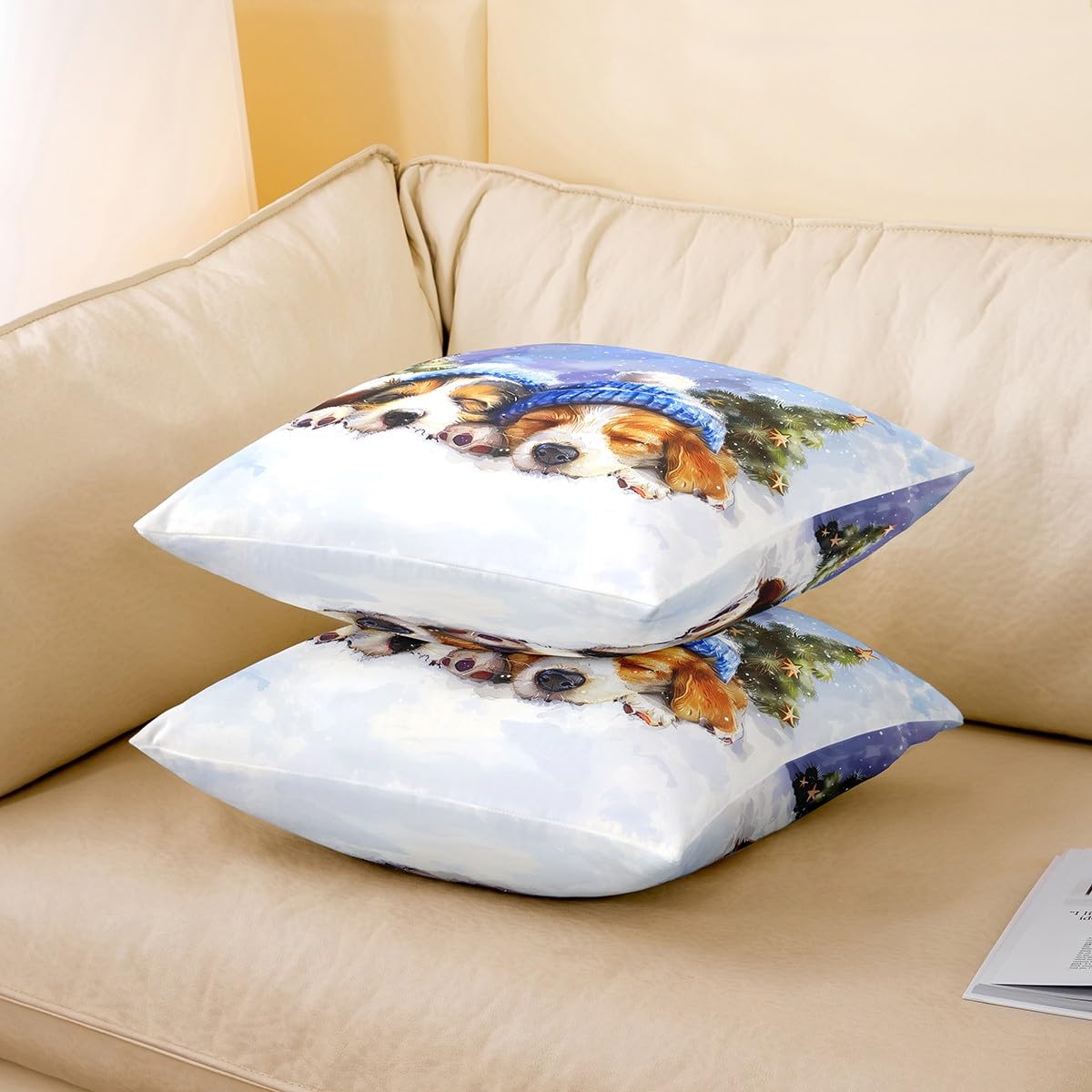 Manfei Lovely Puppies Throw Pillow Covers Set of 2 Merry Christmas Snow Cushion Covers for Couch Sofa Cute Dog Winter Style Decorative Pillowcases Blue White Orange Outdoor Pillows Covers,16"x16"