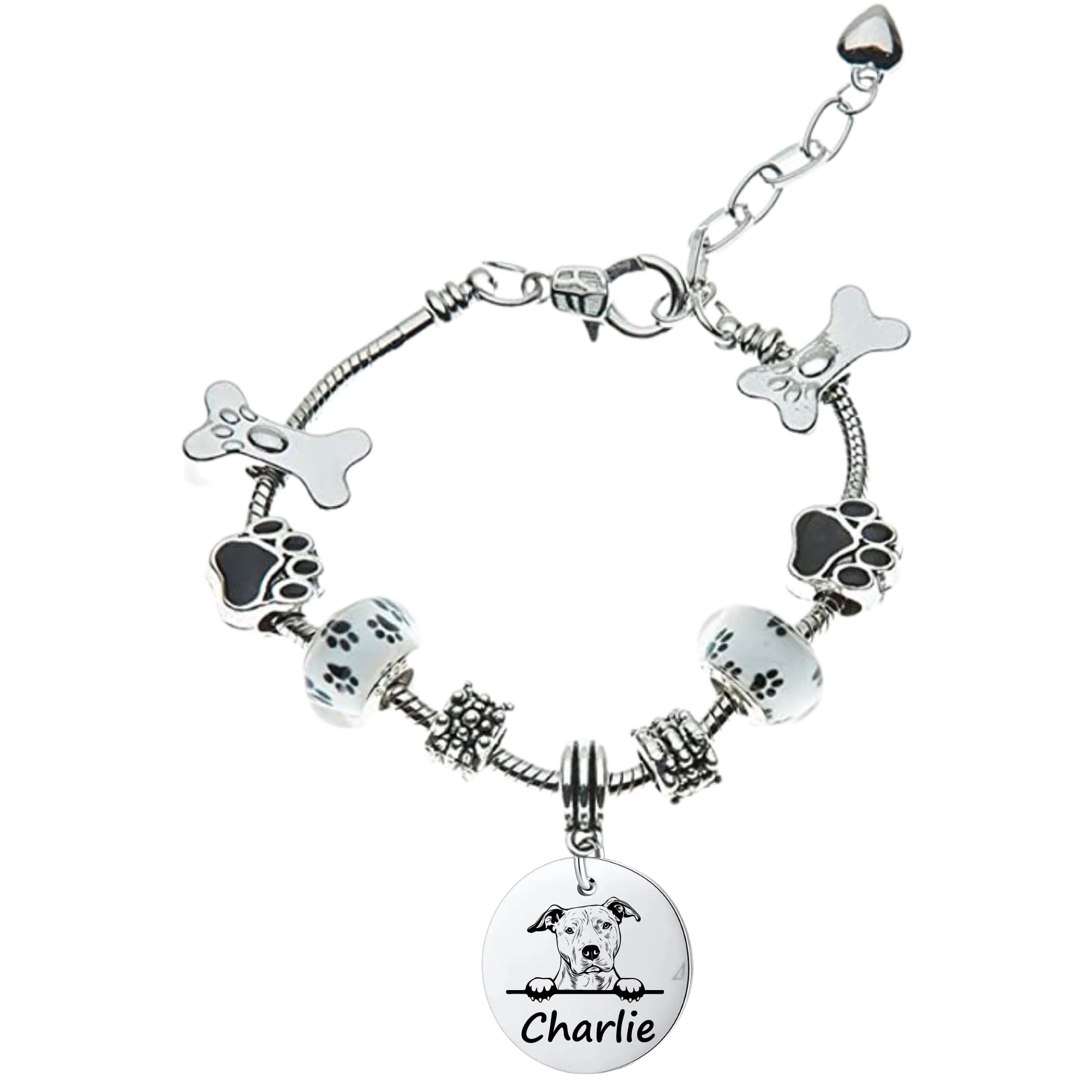 American Pitbull Dog Gifts, Personalized American Pitbull Beaded Charm Bracelet, Custom Engraved Dog Jewelry, Memorial Keepsake for Dog Mom, Dog Lover Gift