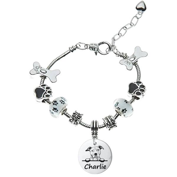 American Pitbull Dog Gifts, Personalized American Pitbull Beaded Charm Bracelet, Custom Engraved Dog Jewelry, Memorial Keepsake for Dog Mom, Dog Lover Gift
