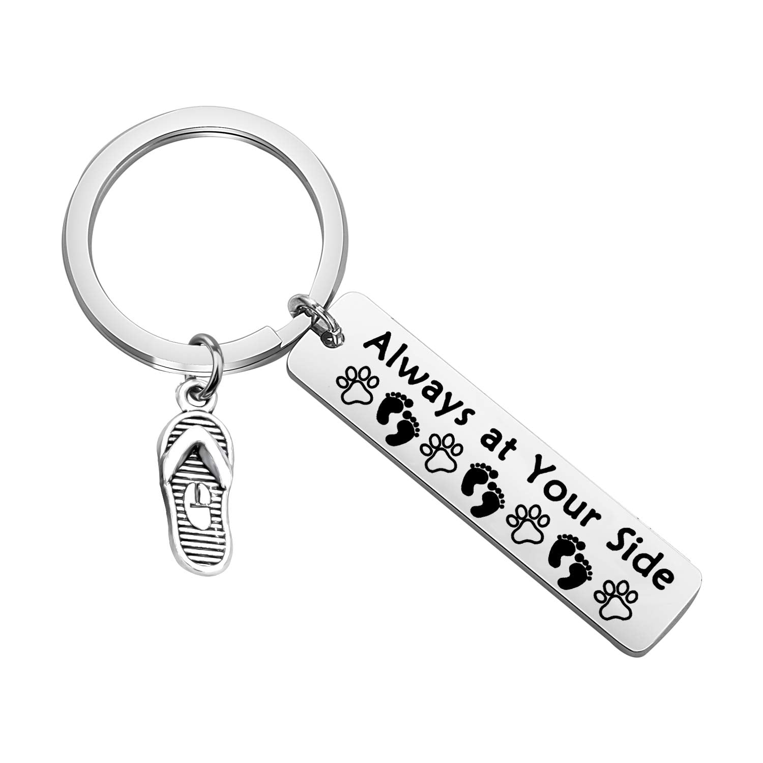 BEKECH Beach Lover Gift Dog Lover Gift Always at Your Side Paw Print Flip Flop Shoes Charm Keychain Sandy Feet Beach Jewelry Vacation Gift for Dog Lover(silver)