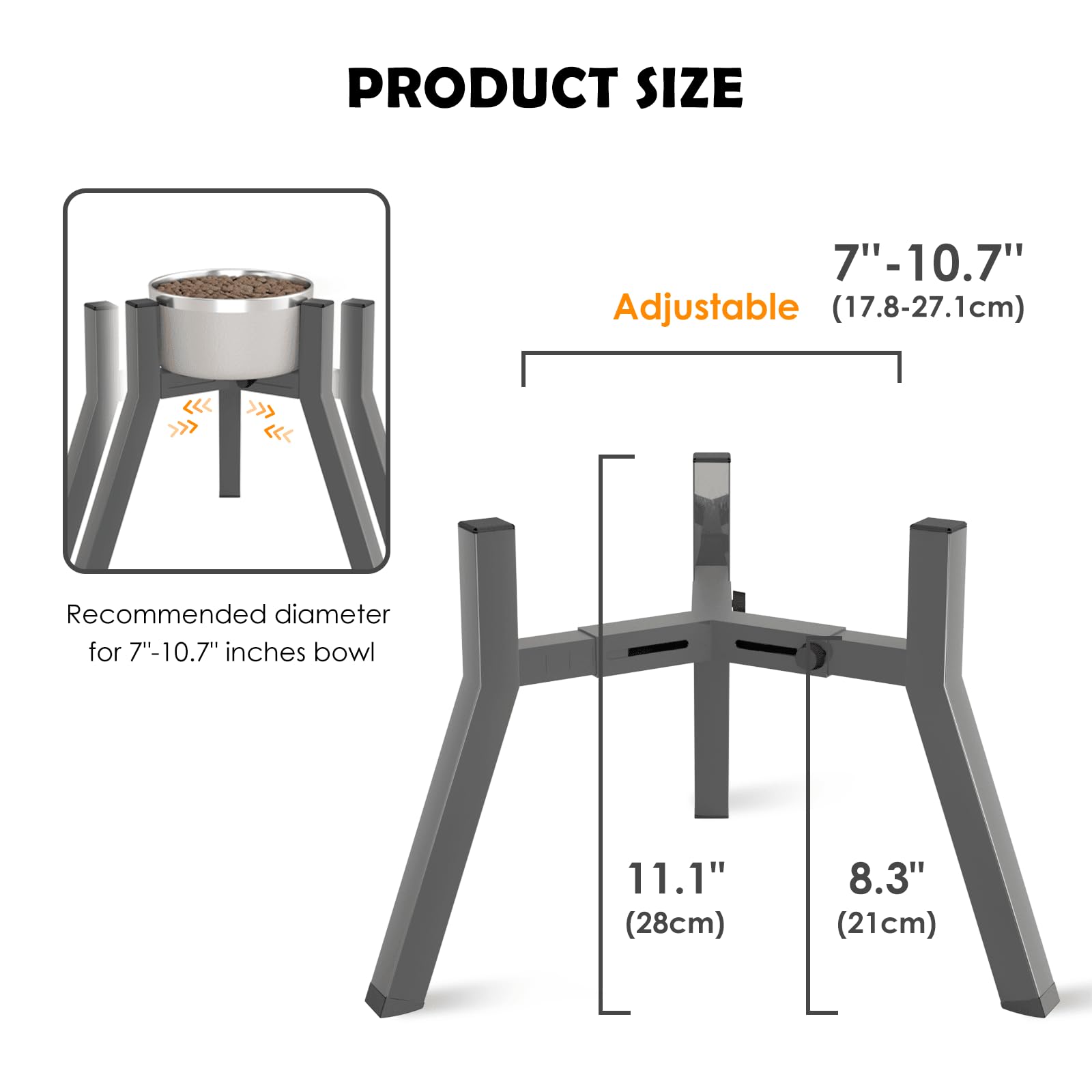 SHAINFUN Grey Elevated Dog Bowls Stand for Large Medium Breeds, 11" Height Adjustable Width 7-10.7", Single Tall Feeder Holder (Bowl Not Included)
