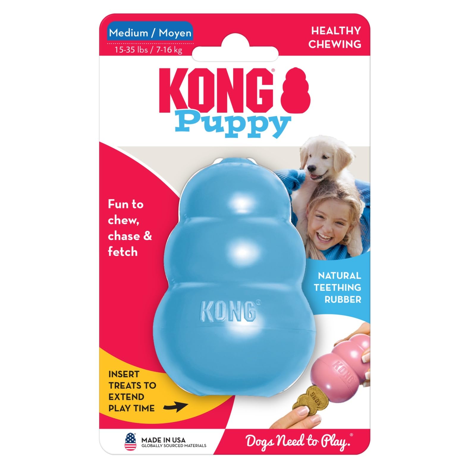 KONG Puppy - Natural Teething Rubber Chew Toy for Dogs - Stuffable Dog Toy for Extended Playtime - Chew & Fetch Toy for Puppies - for Medium Puppies - Blue