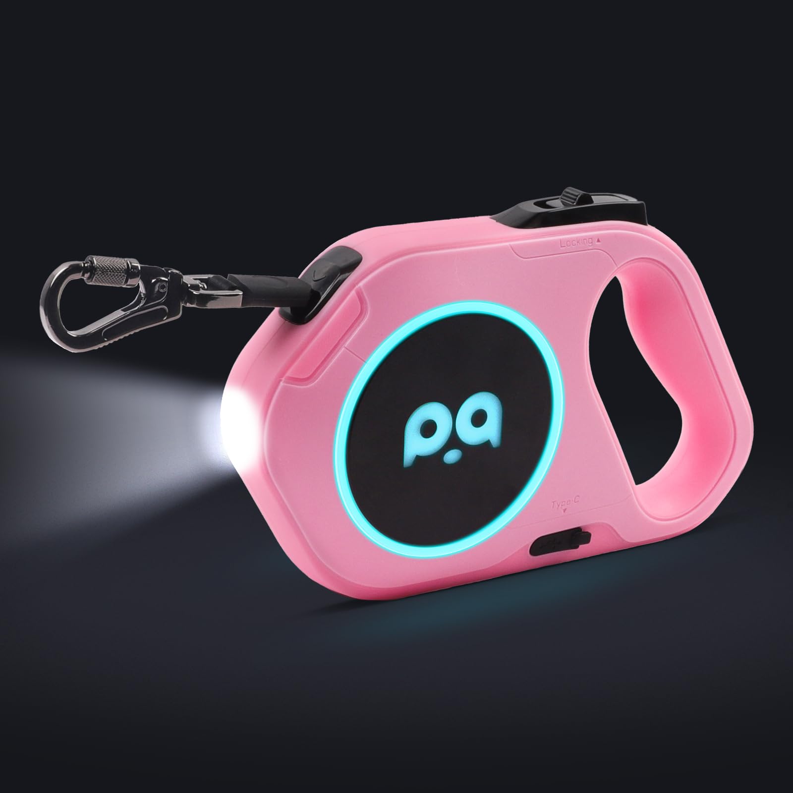 QQPETS Retractable Dog Leash with Rechargeable LED Light - 16 ft Strong Nylon Tape for Night Walks up to 88lbs Pet - 360° Tangle-Free One-Handed Brake, Pause, Lock (Pink)