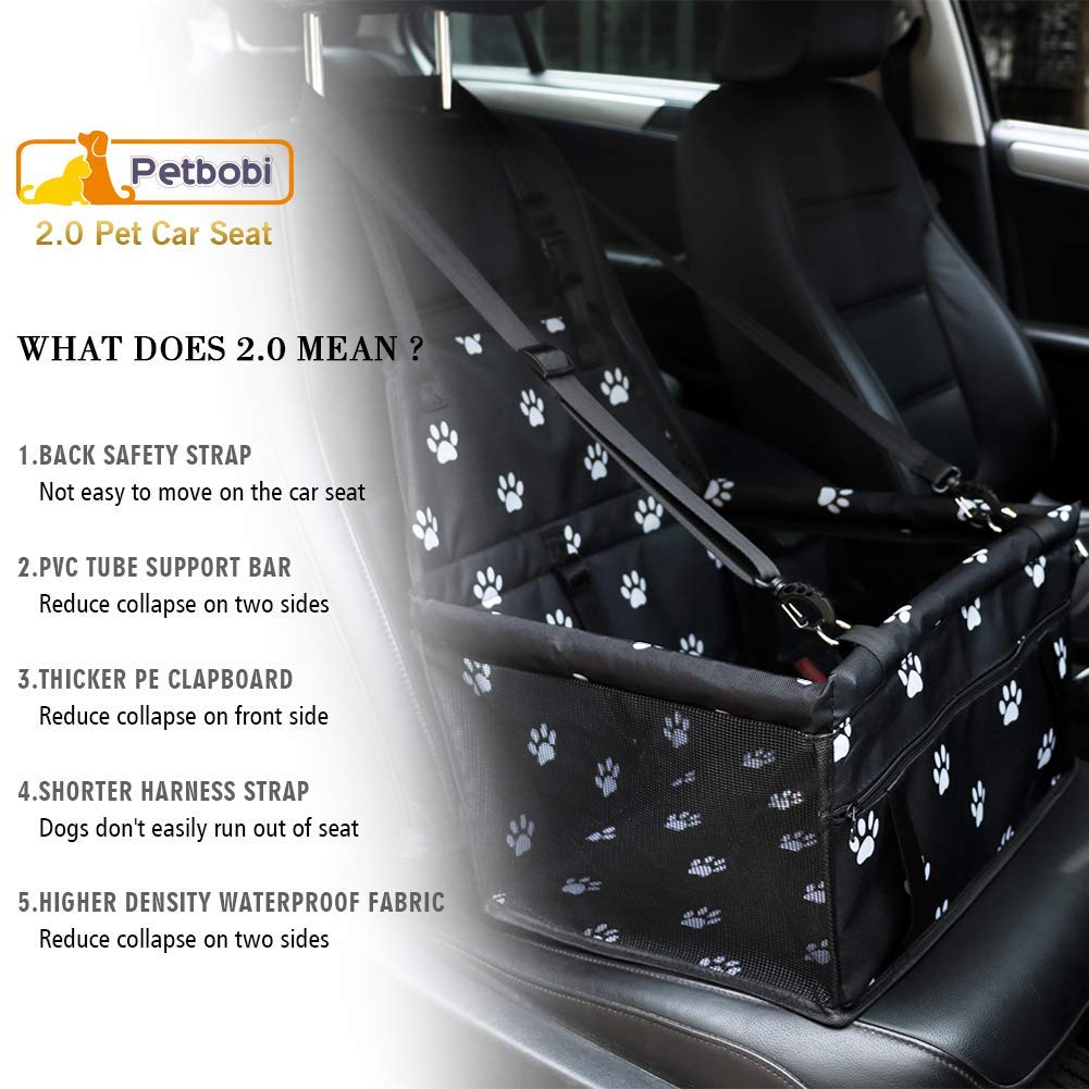 Petbobi Pet Reinforce Car Booster Seat for Dog Cat Portable and Breathable Bag with Seat Belt Dog Carrier Safety Stable for Travel Look Out,with Clip on Leash with PVC Tube, Black Paw Print
