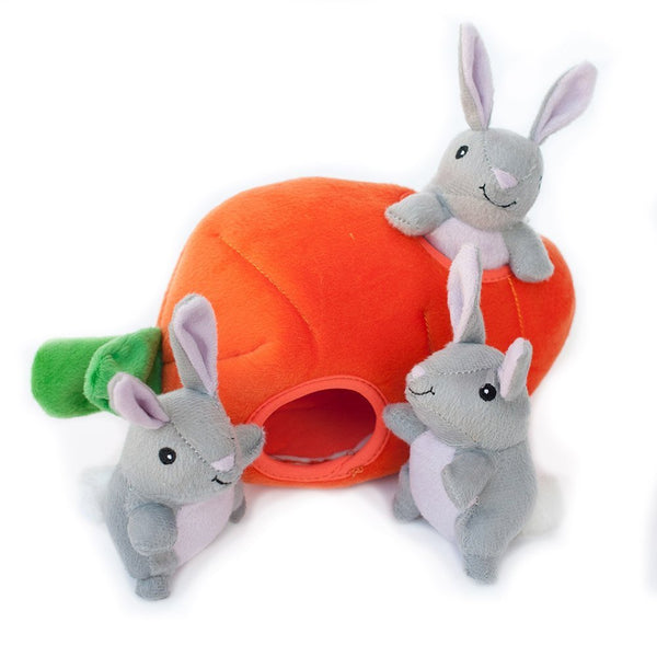 ZippyPaws Burrow- Interactive Dog & Puppy Toys for Boredom, Stimulating Pet Products to Keep Them Busy, Hide & Seek Plush Dog Puzzles, Enrichment Squeaky Toy, for Small & Medium Dogs- Bunny n' Carrot