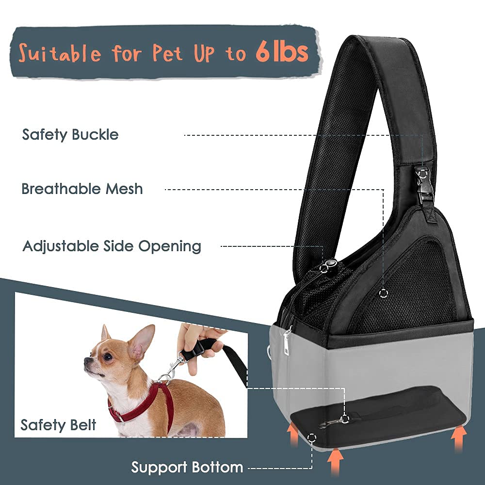 Lukovee Dog Slings for Small Dogs, Hard Bottom Support & Adjustable Soft Padded Shoudler Strap Dog Sling Carrier, Dog Purse with Button Closure & Zipper Pockets (for Pets up to 6 lbs, Black)