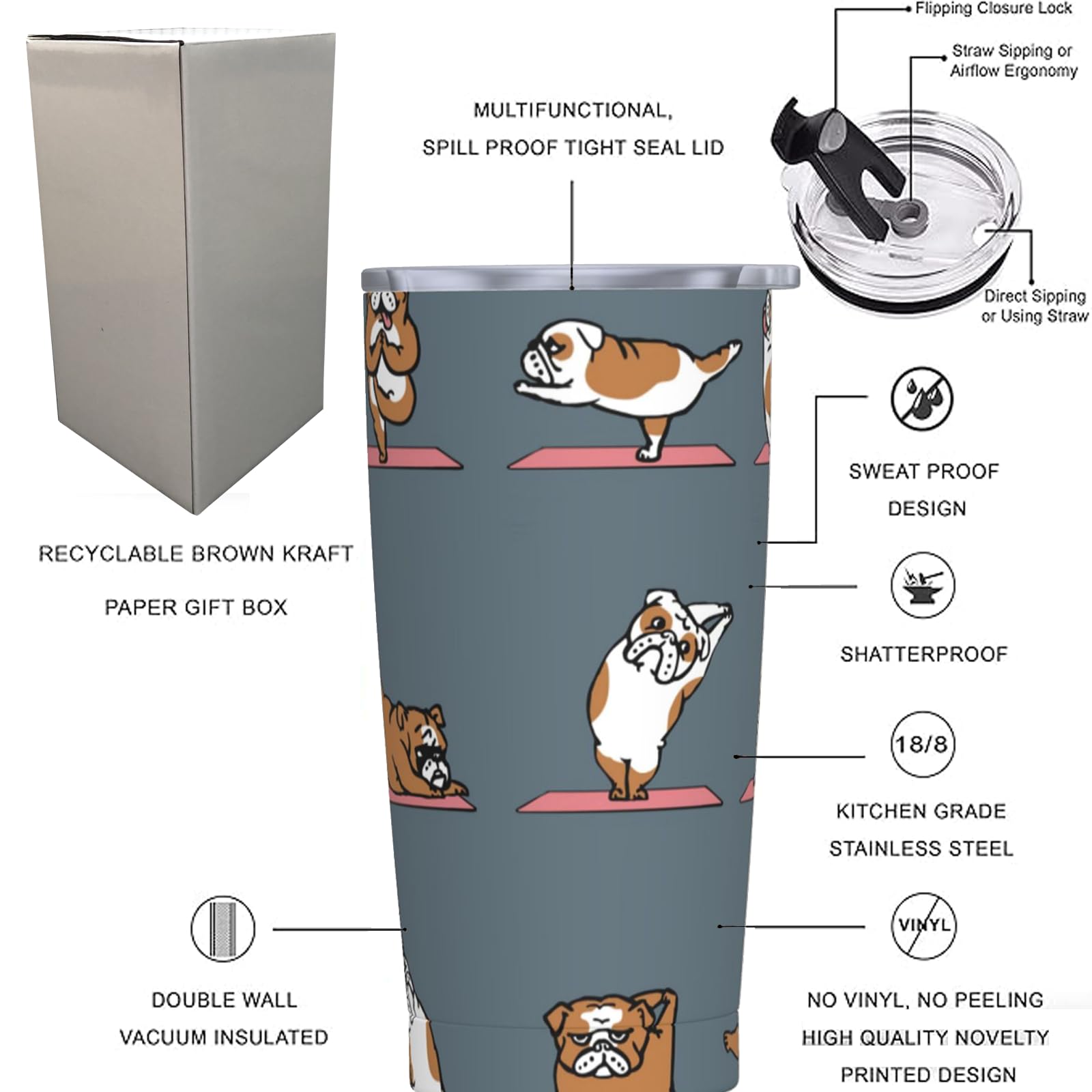 Yipaidel English Bulldog Yoga Stainless Steel Tumbler 20 OZ —— Quality 18/8 304 Food Grade Stainless Steel, Insulated Double-Wall, Keep Drinks Hot and Cold longer, Suitable for Drinking Any Beverage