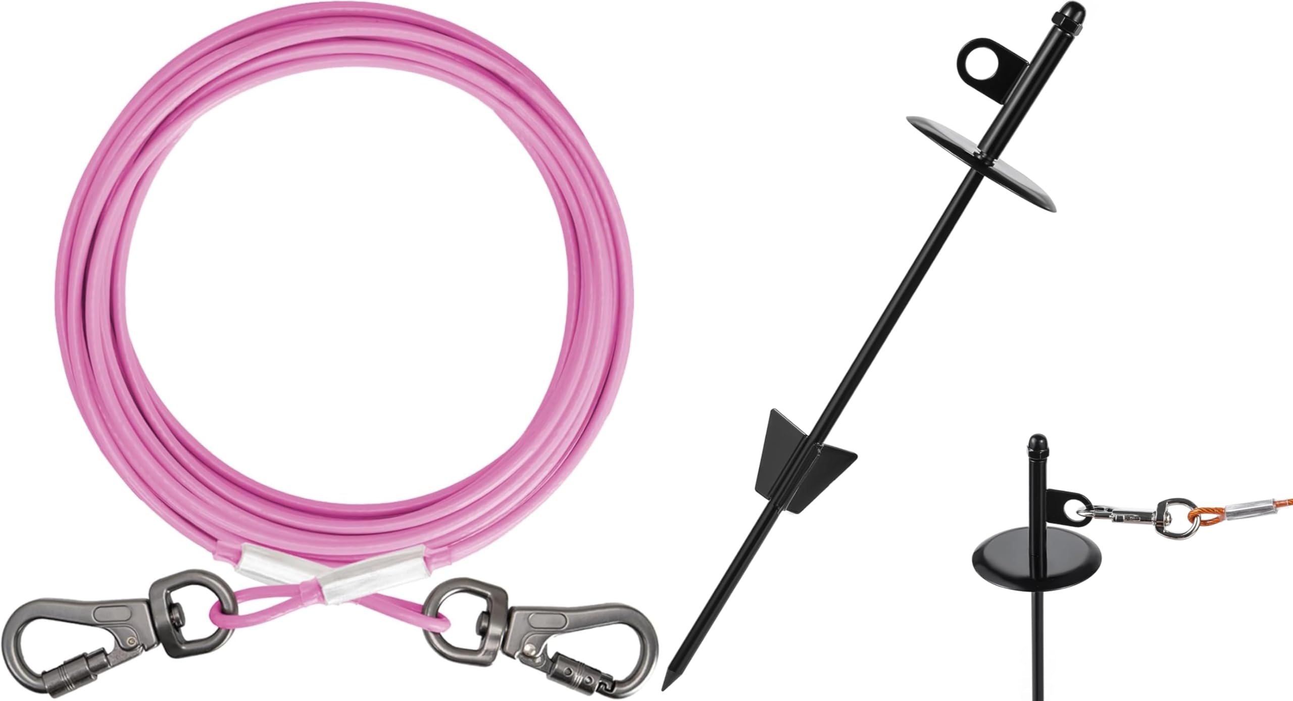 Tangle-Free Dog Tie Out Stake and 100ft Pink Tie Out Cable