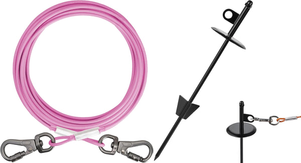 Tangle-Free Dog Tie Out Stake and 100ft Pink Tie Out Cable