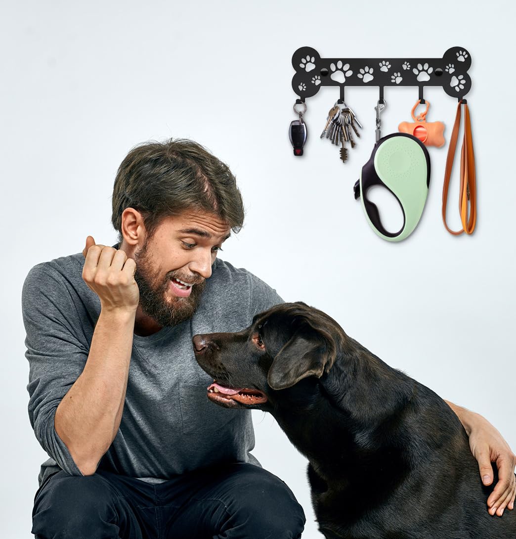 Dog Leash Holder - Unique Metal Wall Hanger With Bone and Paw Design - Pet Leash Hook and Key Organizer - Decorative Gift Idea for Dog Lovers
