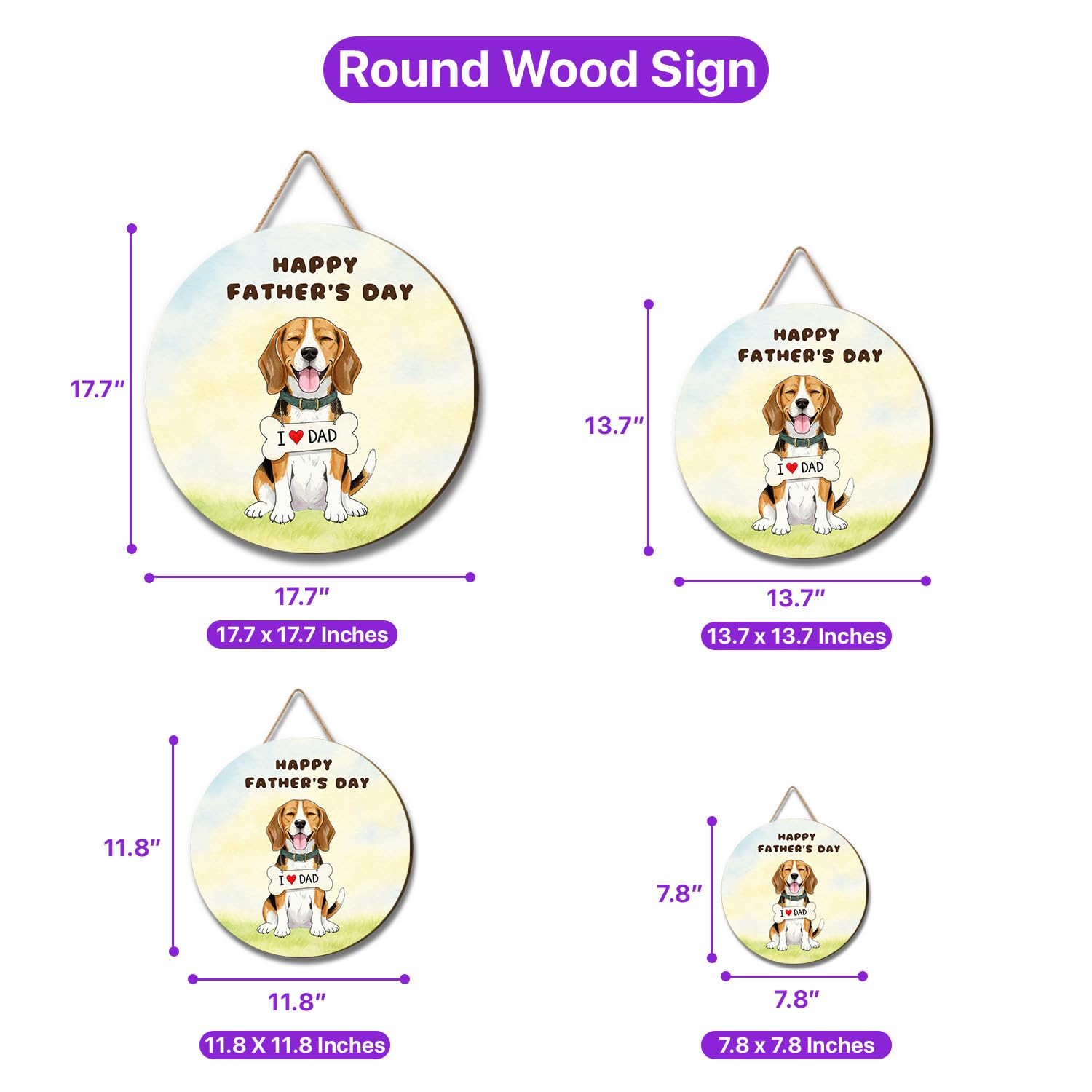 Cute Beagle Loves Dad Happy Father's Day Round Wood Sign Beagles Dog Lover Gifts Idea Hanging Wall Home Decor 12008