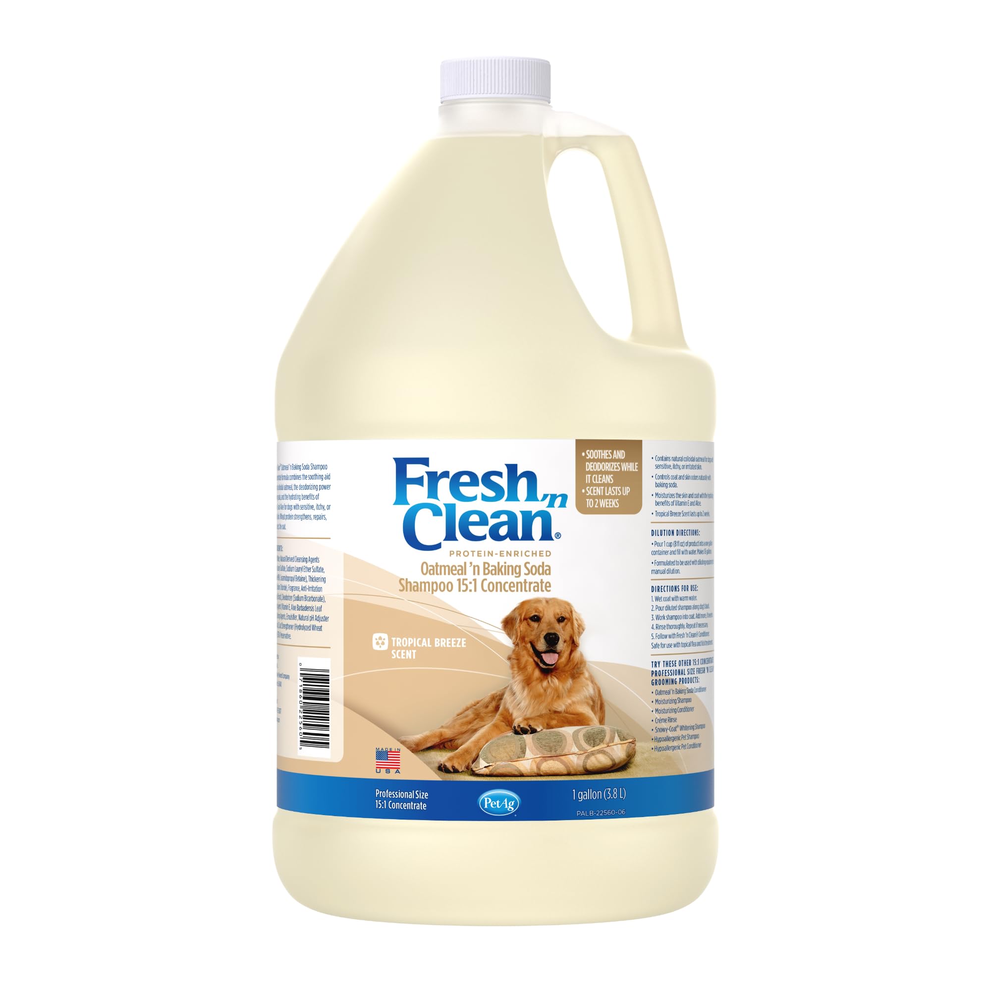Pet-Ag Fresh ’n Clean Oatmeal ’n Baking Soda Shampoo - Tropical Fresh Scent (15:1 Concentrate) - 1 Gallon - Nurtures Dry, Itchy Skin with Vitamin E & Aloe - Strengthens & Repairs - Soap Free