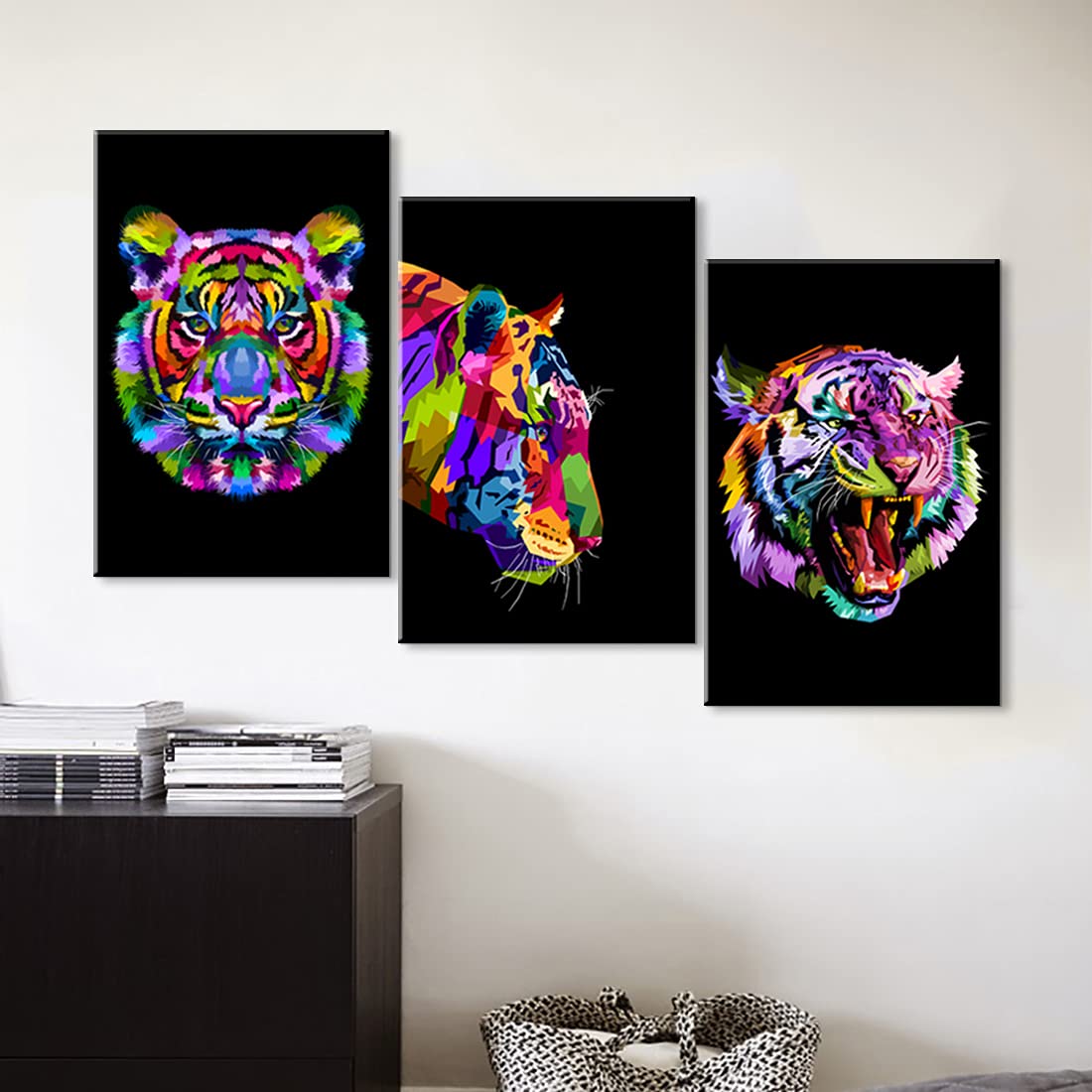3 Pieces Pop Art Animal Wall Art - Tiger Poster & Canvas for Living Room & Bedroom Decor (12''Wx16''Hx3)