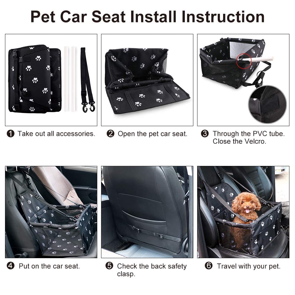 Petbobi Pet Reinforce Car Booster Seat for Dog Cat Portable and Breathable Bag with Seat Belt Dog Carrier Safety Stable for Travel Look Out,with Clip on Leash with PVC Tube, Black Paw Print