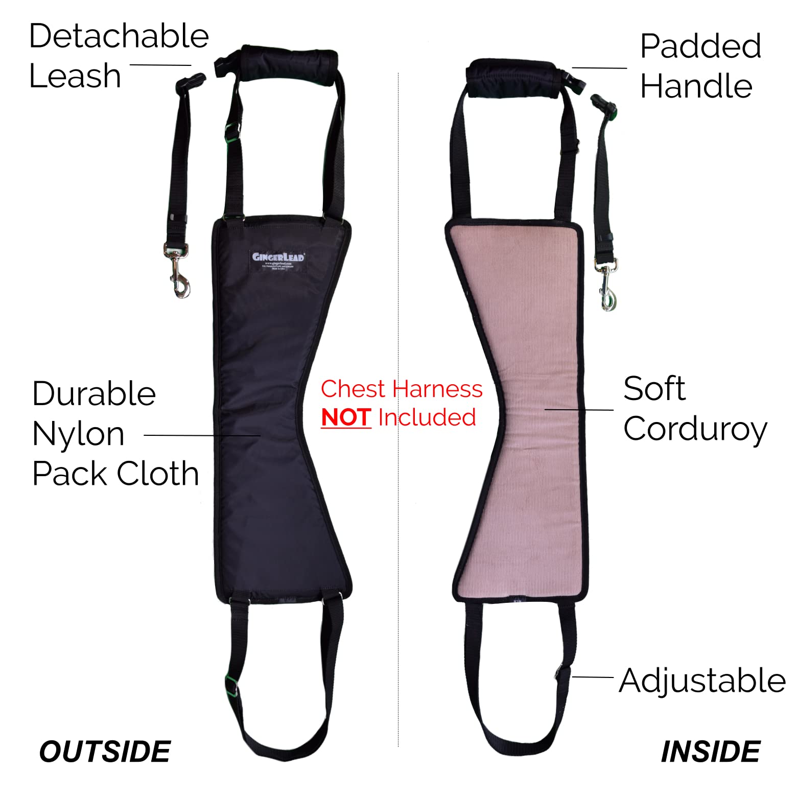 GINGERLEAD Dog Rear Support Sling Harness, M/LG Unisex with Cutout Fits Male & Female Dogs. Padded Hip Lifting Aid Helps Old Pets Walk, K9s Recover from TPLO Surgery. Integrated Leash. Made in U.S.A.