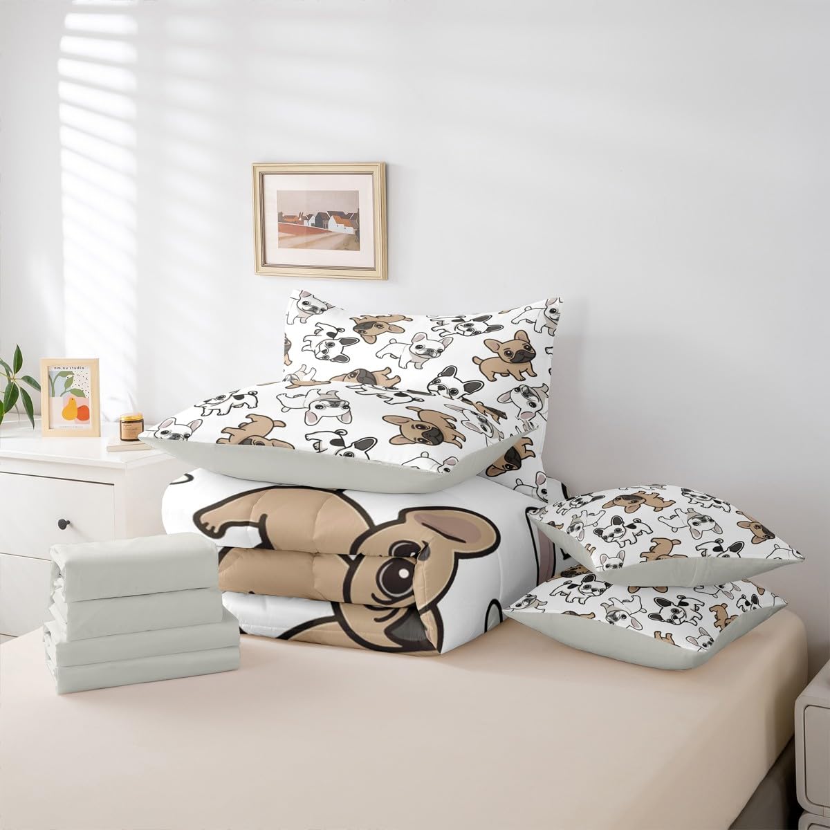 Manfei French Bulldogs Full Size Comforter,Cute Cartoon Animal Bedding Set 7 Piece, Pet Dog Lover Puppy Decor for Boys Girls,Brown White（Fitted+Sheet+2 Pillowcases+2 Throw Pillow Covers）