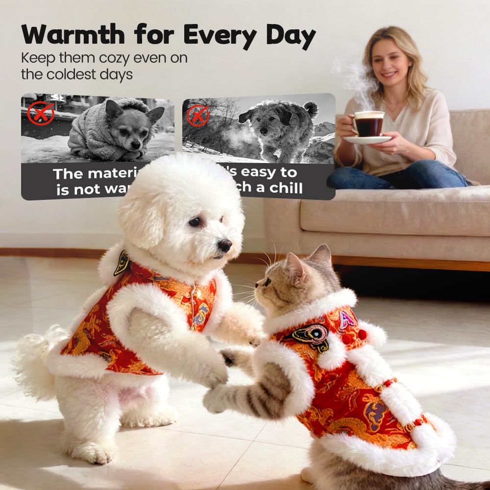 Cute Dance Lion Pet Costume with Red Sequins New Year Cat Dog Clothes Hoodies Coat Chinese Lion Dance Dog Costume, Spring Festival Pet Outfit