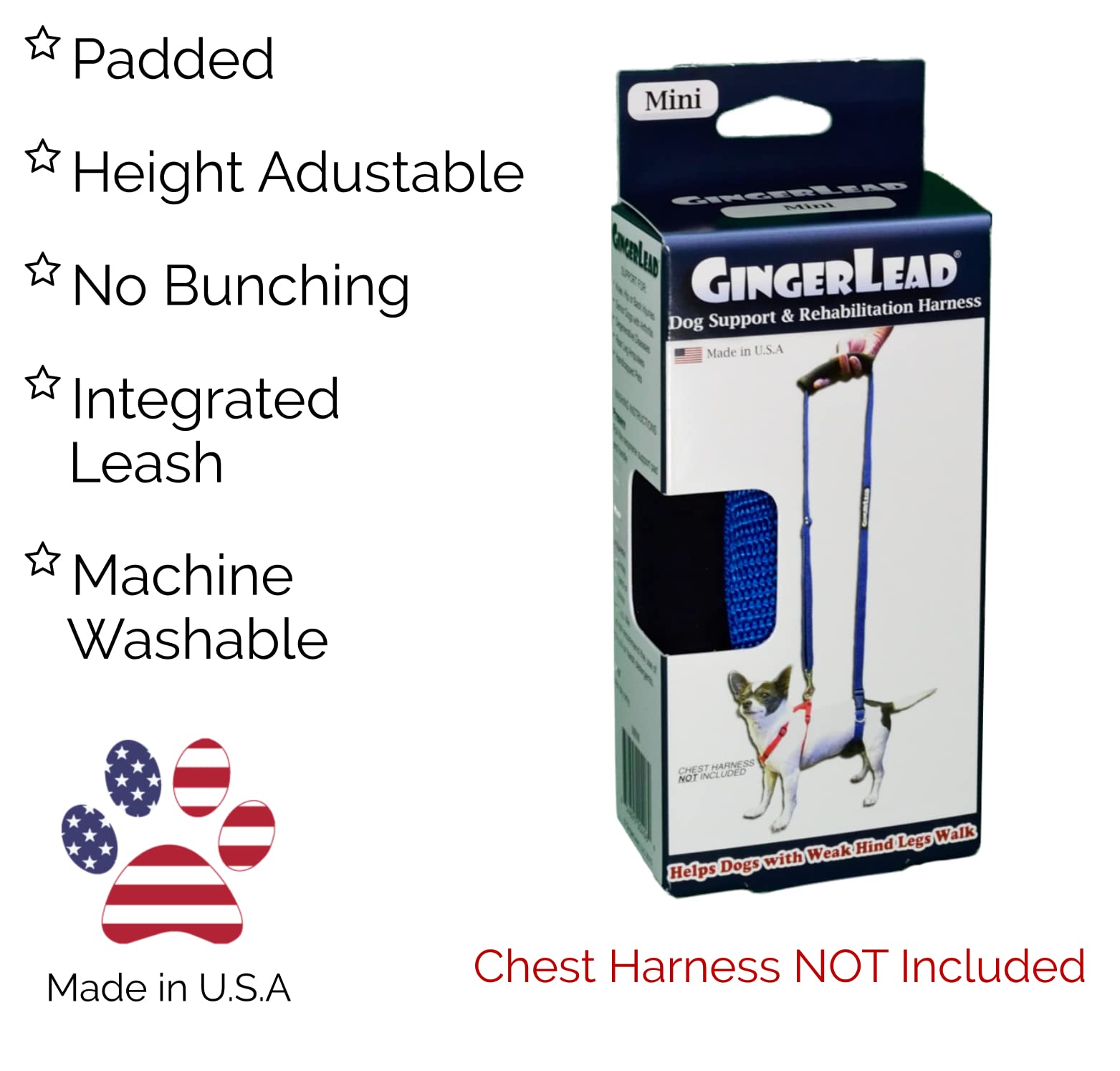 GINGERLEAD Dog Support Sling Harness, X-Small Fits Little Pets Under 25 lbs or Dachshunds with IVDD, Spinal Disc Disease, or Back Injuries. Assist Old or Recovering Pets. Chest Harness NOT Included.