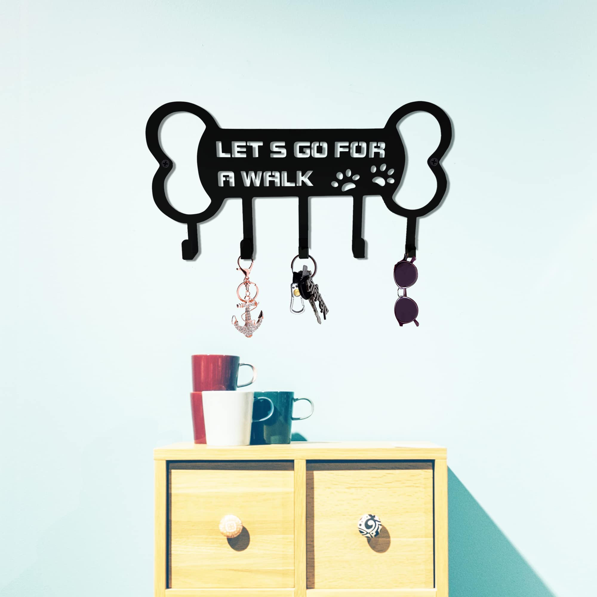 BiaGift Wall Mounted Dog Leash Holder and Key Organizer - 'Lets Go for A Walk' with Farmhouse Style