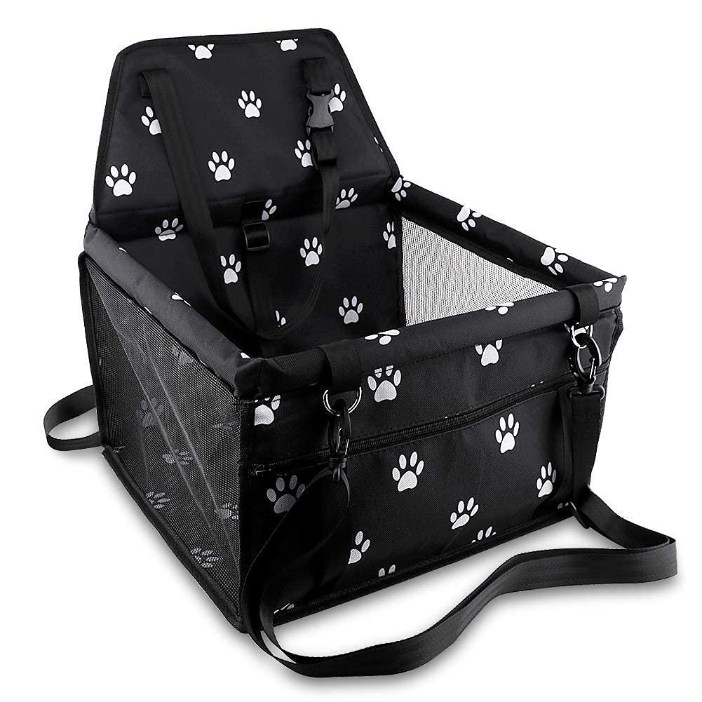 Petbobi Pet Reinforce Car Booster Seat for Dog Cat Portable and Breathable Bag with Seat Belt Dog Carrier Safety Stable for Travel Look Out,with Clip on Leash with PVC Tube, Black Paw Print