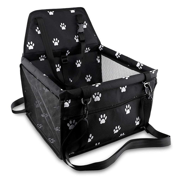 Petbobi Pet Reinforce Car Booster Seat for Dog Cat Portable and Breathable Bag with Seat Belt Dog Carrier Safety Stable for Travel Look Out,with Clip on Leash with PVC Tube, Black Paw Print