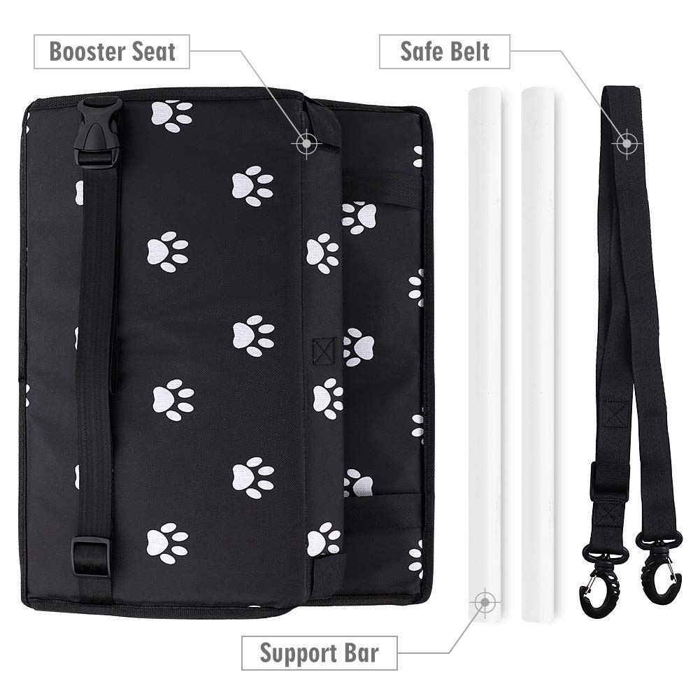 Petbobi Pet Reinforce Car Booster Seat for Dog Cat Portable and Breathable Bag with Seat Belt Dog Carrier Safety Stable for Travel Look Out,with Clip on Leash with PVC Tube, Black Paw Print