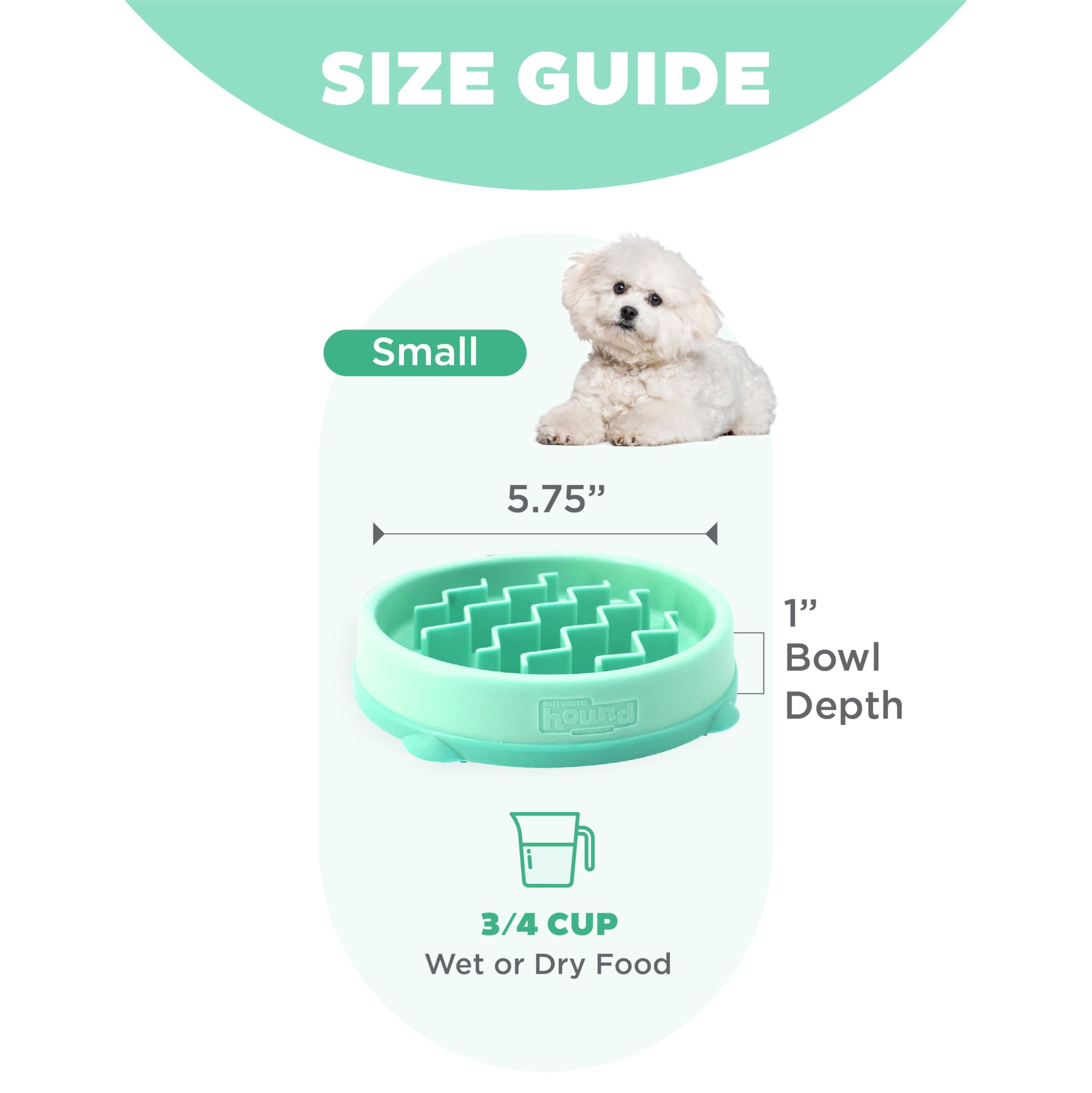 Outward Hound Fun Feeder Slo Bowl – Small 3/4-Cup Capacity, Slow Feeding, Small Dogs, Puppies & Cats, Non-Slip, Mint, Wave Pattern