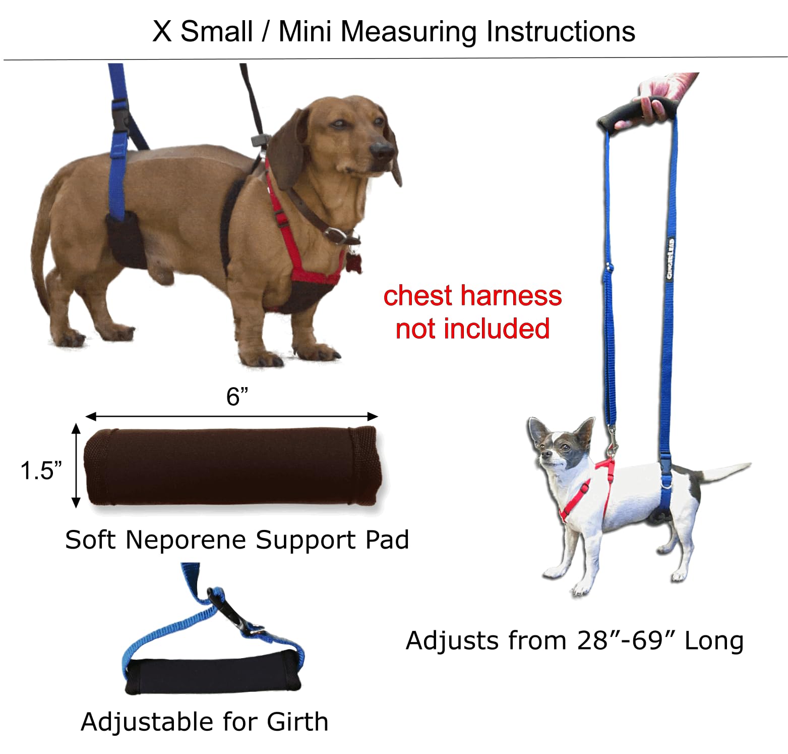 GINGERLEAD Dog Support Sling Harness, X-Small Fits Little Pets Under 25 lbs or Dachshunds with IVDD, Spinal Disc Disease, or Back Injuries. Assist Old or Recovering Pets. Chest Harness NOT Included.