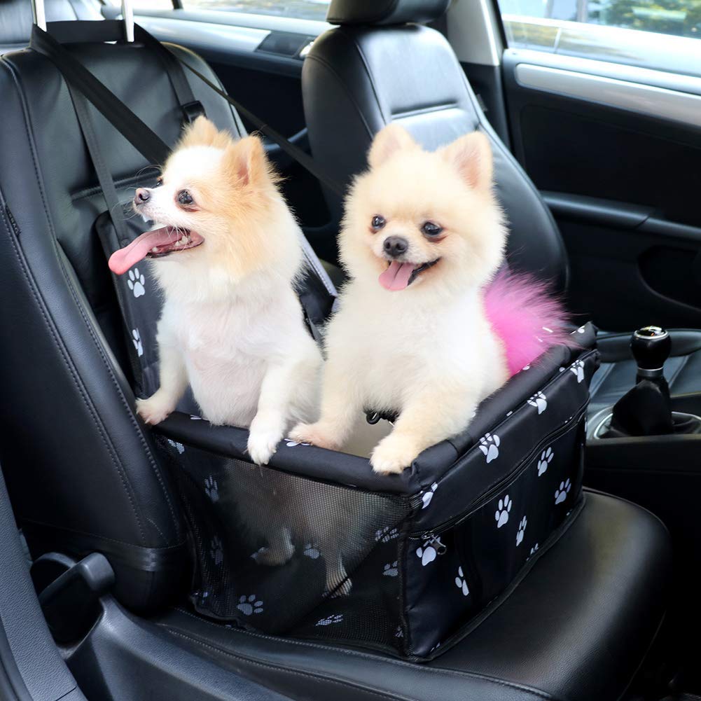 Petbobi Pet Reinforce Car Booster Seat for Dog Cat Portable and Breathable Bag with Seat Belt Dog Carrier Safety Stable for Travel Look Out,with Clip on Leash with PVC Tube, Black Paw Print
