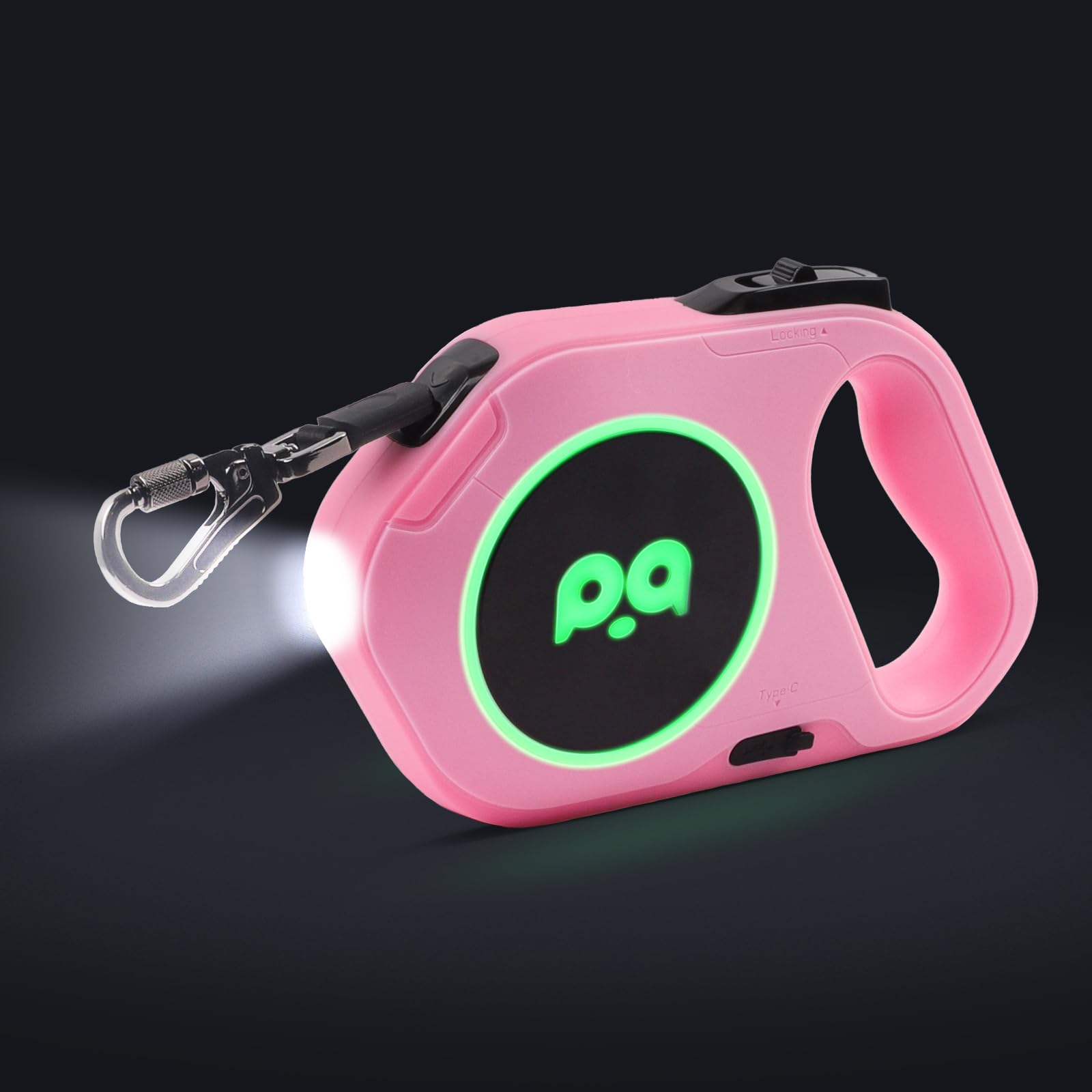 QQPETS Retractable Dog Leash with Rechargeable LED Light - 16 ft Strong Nylon Tape for Night Walks up to 88lbs Pet - 360° Tangle-Free One-Handed Brake, Pause, Lock (Pink)