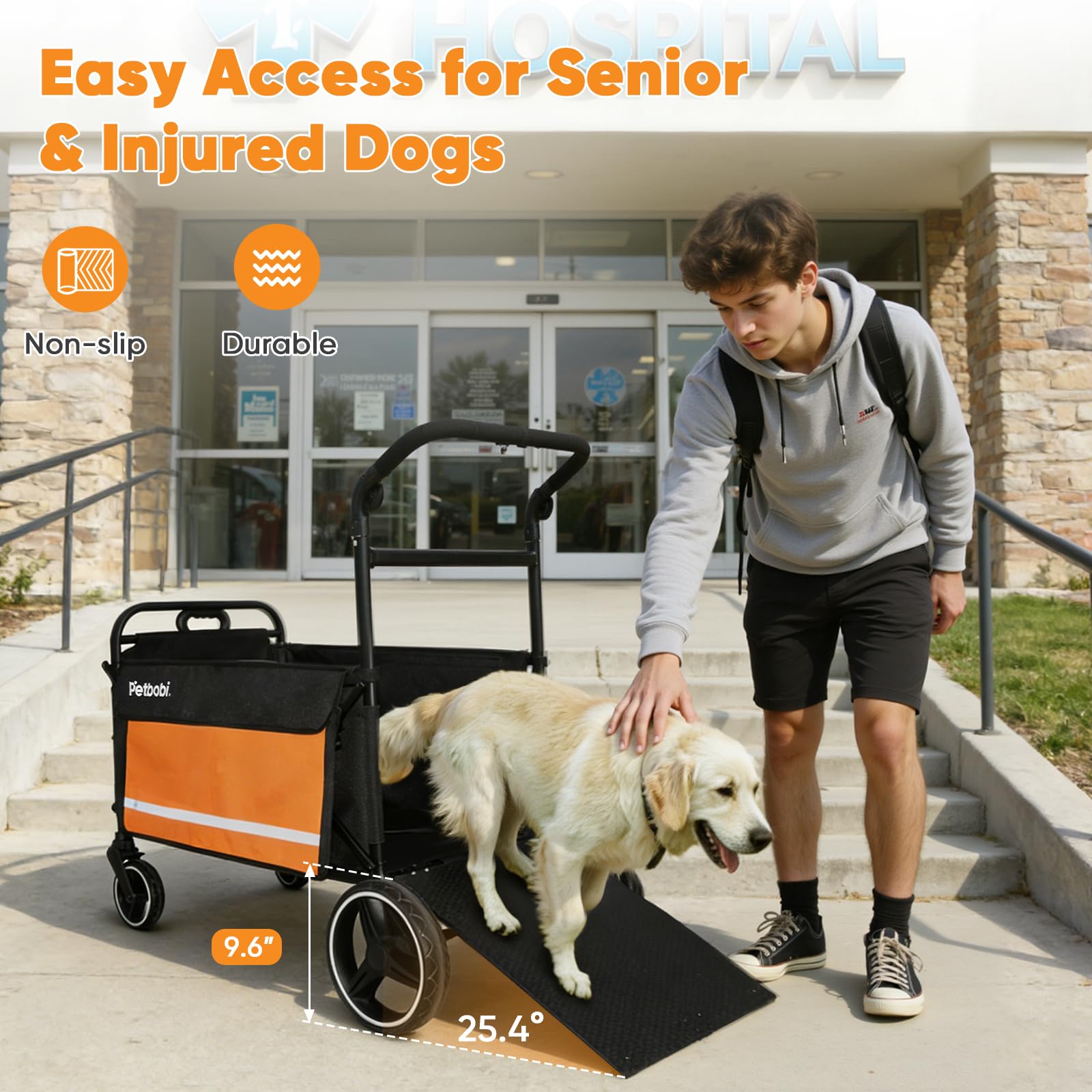 Petbobi Dog Wagon Stroller for Large & Medium Dogs, 2-in-1 Push Pull Pet Cart with Ramp, Foldable Wagon, 360° Swivel Wheels, Adjustable Handles, Safety Leashes, Orange