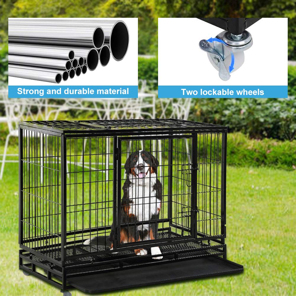 48" Heavy Duty Dog Crate – Large Metal Dog Cage with Lockable Wheels, Double Door & Tray – Secure Indoor Outdoor Kennel Playpen for Training – Strong Pet Enclosure, Black
