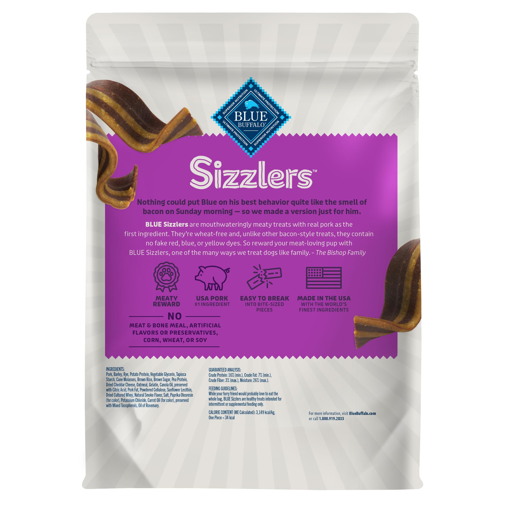 Blue Buffalo Sizzlers Bacon-Style Dog Treats with Real USA Pork, Original Flavor, 15-oz Bag
