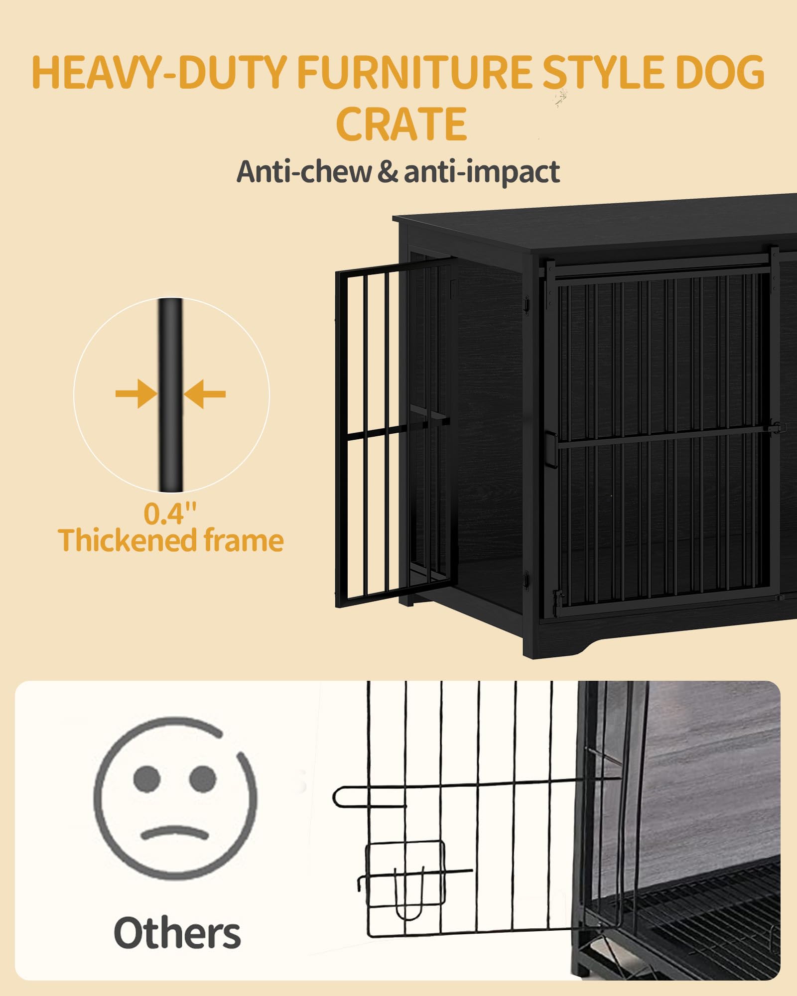 Hzuaneri XXL Large Dog Crate Furniture, 46.9" Indoor Dog Kennel Furniture with Barn Door, Wooden Tall Dog Crate, Heavy Duty Dog Cage for Large Dogs, Side End Table, Anti-Chew, Black DFC83804B