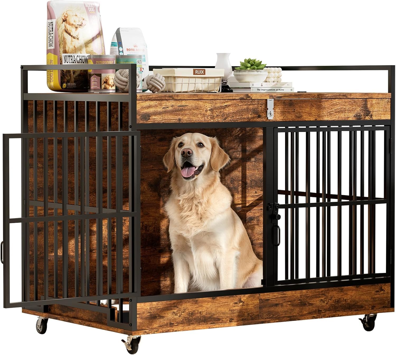NEWBULAND 45 Inch Dog Crate Furniture for Large Dog with 2 Stainless Steel Bowls, Heavy Duty Dog Kennel Indoor, Large Wooden Dog Crate Table for Decorate House As TV Stand, End Table
