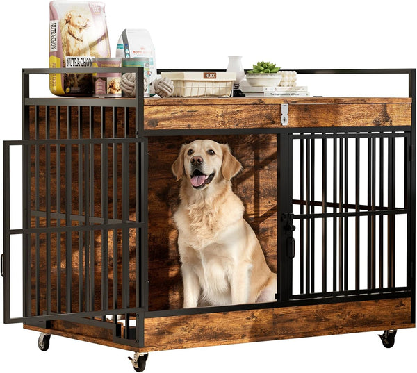 NEWBULAND 45 Inch Dog Crate Furniture for Large Dog with 2 Stainless Steel Bowls, Heavy Duty Dog Kennel Indoor, Large Wooden Dog Crate Table for Decorate House As TV Stand, End Table