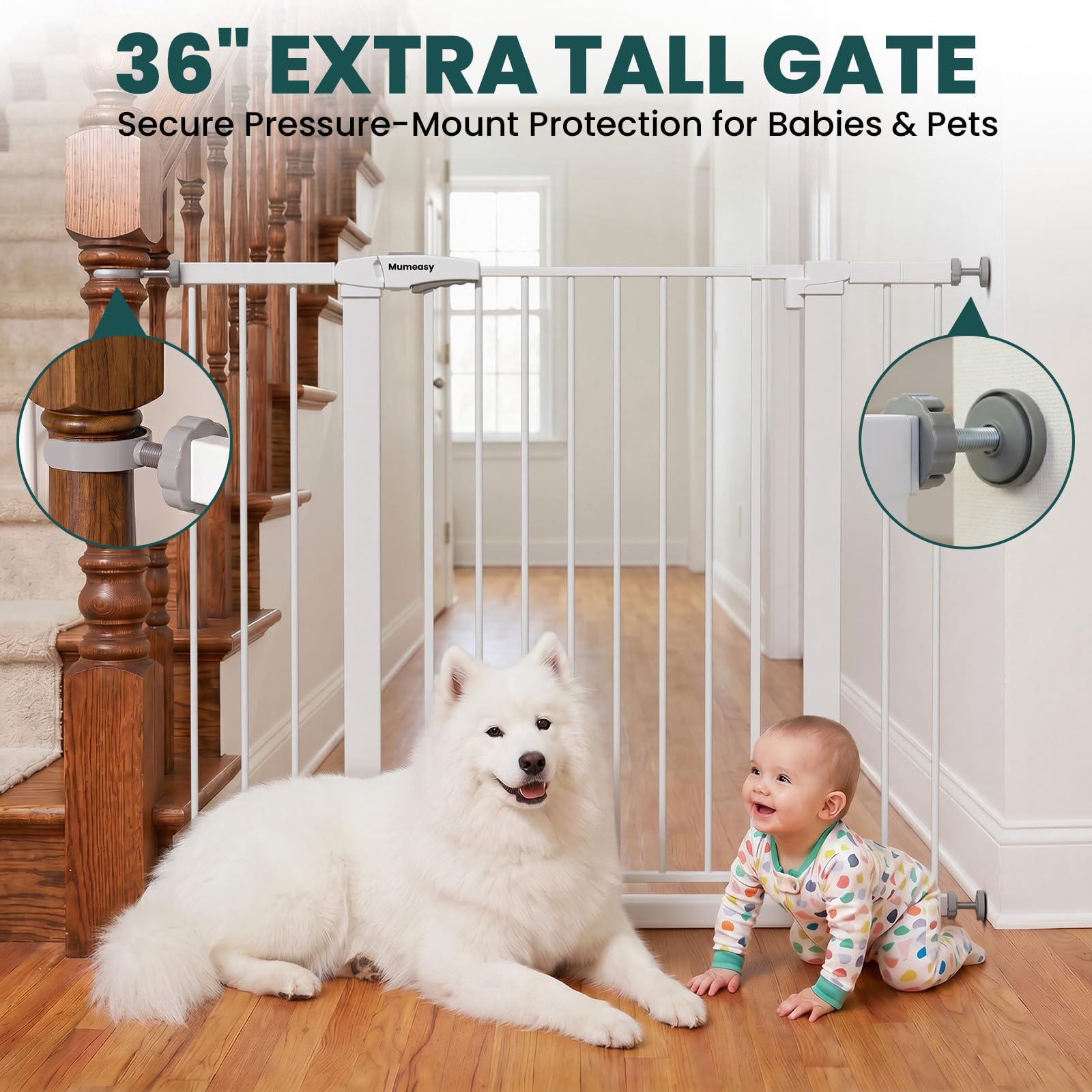 Mumeasy 36" Extra Tall Dog Gate, Auto Close Baby Gate for Stairs Doorways, 29.7-46" Wide Walk Thru Child Safety Gate for House, Easy Install Pressure Mounted Metal Pet Gate with Door, White