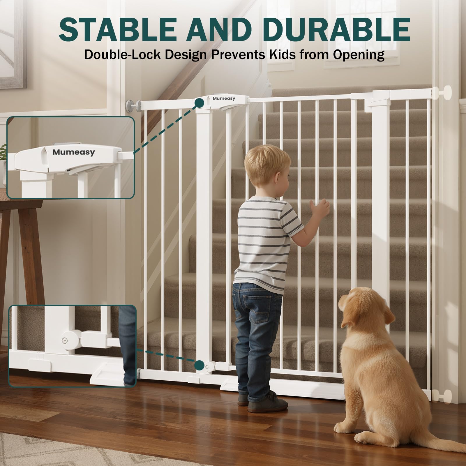 Mumeasy 36" Extra Tall Dog Gate, Auto Close Baby Gate for Stairs Doorways, 29.7-46" Wide Walk Thru Child Safety Gate for House, Easy Install Pressure Mounted Metal Pet Gate with Door, White