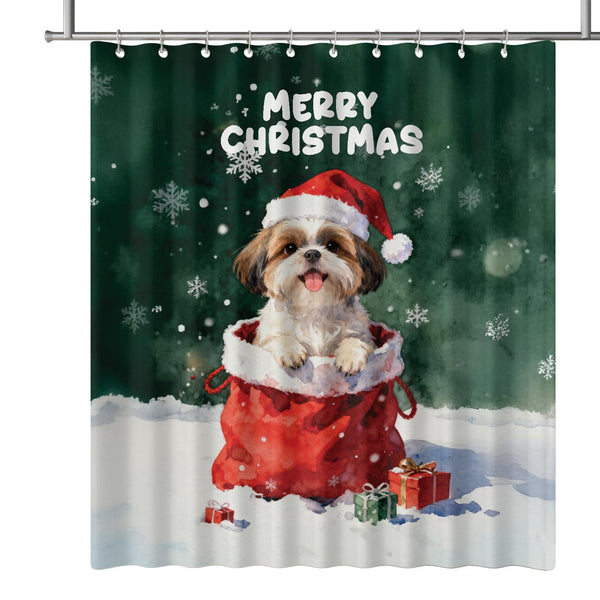 Ninety3POD Santa Surprise Gift Shih Tzu Merry Cheerful Christmas Shower Curtain Lion Dog Lover Gifts Waterproof Bathroom Bathtub Curtain 12021