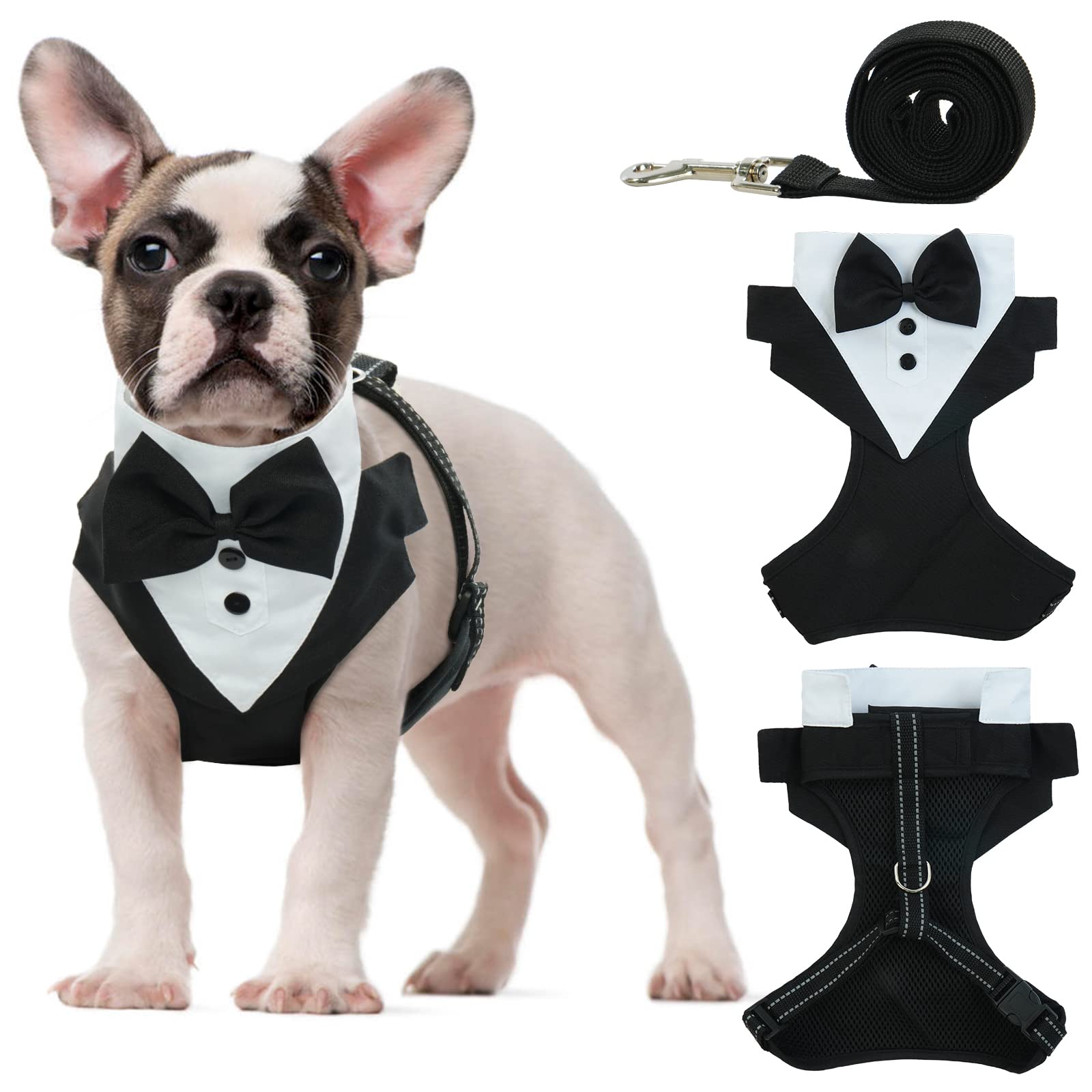 OUOBOB Dog Tuxedo Harness, No Pull Dog Tuxedo Vest Harness with Leash, Adjustable Doggie Wedding Suit Costume with Bow Tie for Small Medium Dogs, Birthday, Walking (Balck M)