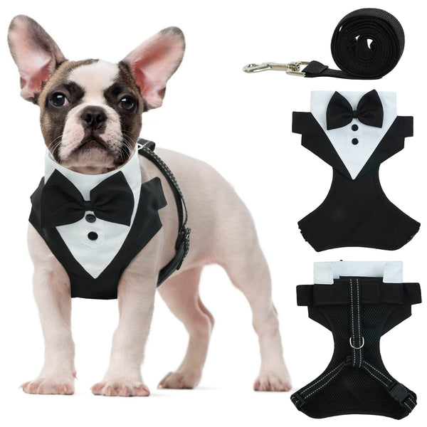 OUOBOB Dog Tuxedo Harness, No Pull Dog Tuxedo Vest Harness with Leash, Adjustable Doggie Wedding Suit Costume with Bow Tie for Small Medium Dogs, Birthday, Walking (Balck M)