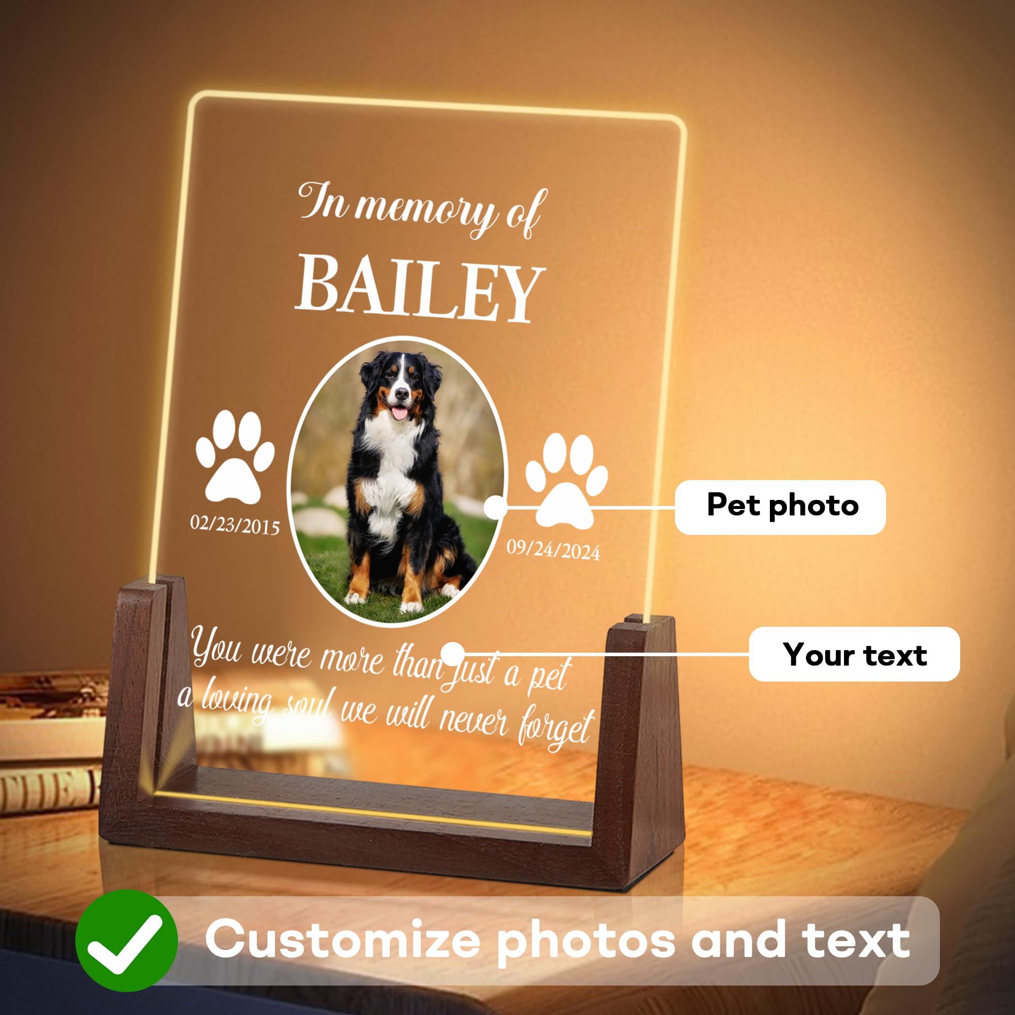 Dog Memorial Gifts for Loss of Dog, Pet Memorial Gifts for Dogs, Customized Pet Memorial Acrylic Plaque with LED Night Light, Pet Loss Sympathy Gift, Valentines Day Birthday Gifts for Pet Lovers