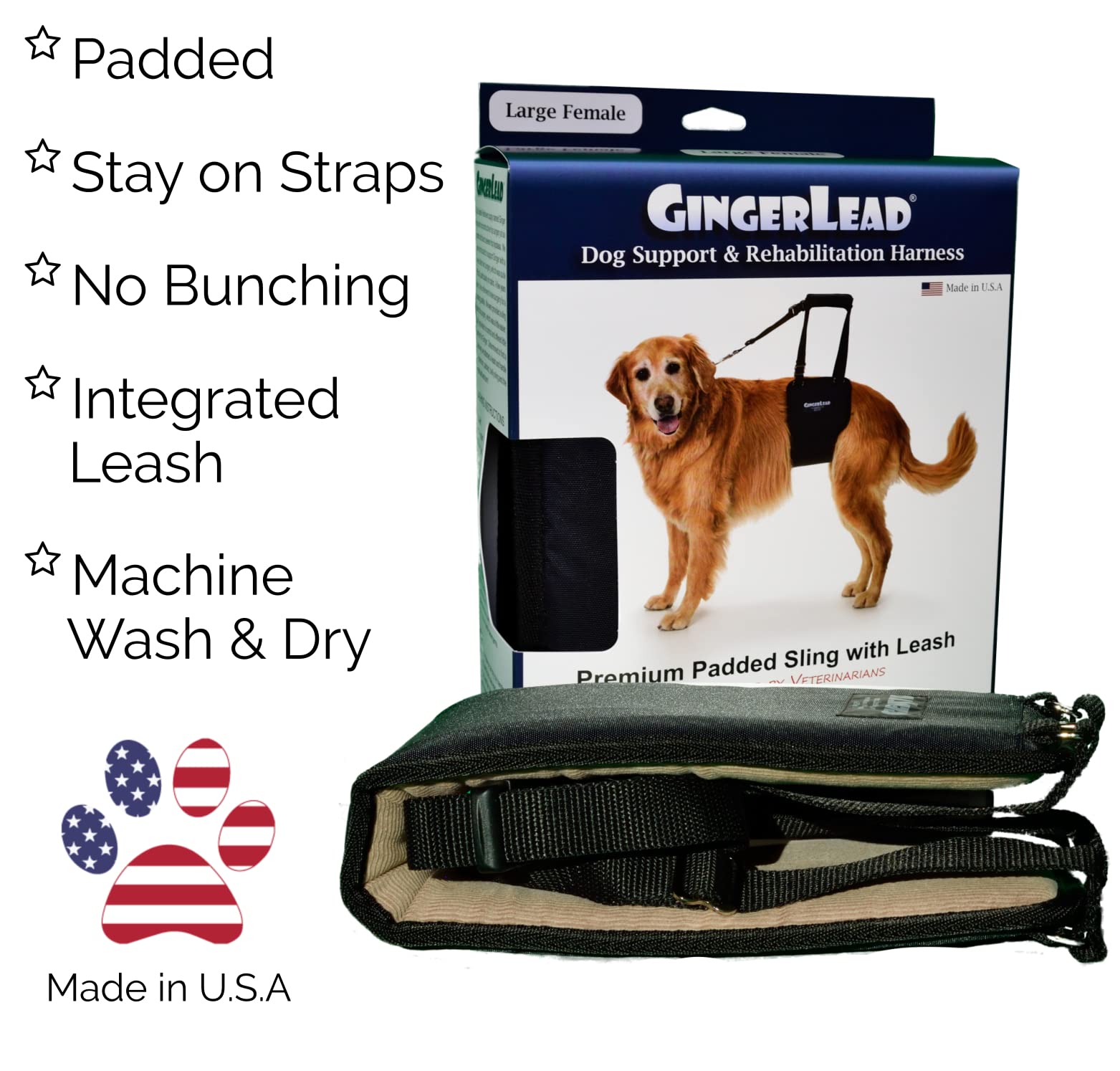 GINGERLEAD Dog Sling Support Harness, LG Female fits Big Dogs Over 65 lbs. Padded Rear Lift with Integrated Leash to Assist Senior K9s, or Recovery from Knee/TPLO, Hip or Back Surgery. Made in U.S.A.